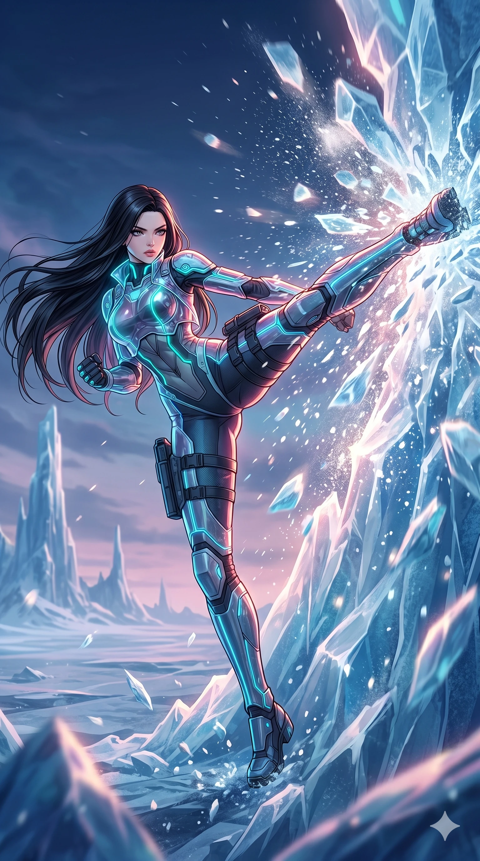 score_9, masterpiece, best quality, ultra-detailed, high-budget anime movie keyframe, cinematic anime lighting, intricate line art, Korean woman. Low angle cowboy shot capturing a powerful motion and statuesque presence. shattering a wall of ice with a powerful kick in a frozen wasteland. She has an absolutely perfect 8-heads proportion, an exceptionally tall and slender female figure with an ultra-slim waist and impossibly long slender legs. strictly human anatomy, two legs only, no extra limbs, clearly defined legs and arms, perfect anatomy, perfect hands and fingers. sharp v-shaped jawline, high-bridge nose, intricate jewel-like eyes, thick eyelashes, glossy lips. Wearing Tech-Fantasy: Cybernetic tech-suit with glowing seams, translucent PVC over leotard, and modular tactical gear. The scene is illuminated by dramatic atmospheric lighting and vibrant color palettes. , 2k, ultra detail, master piece, 9:16 ratio