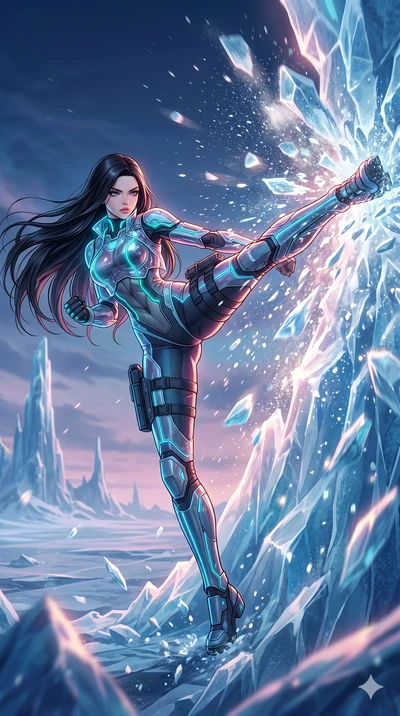 score_9, masterpiece, best quality, ultra-detailed, high-budget anime movie keyframe, cinematic anime lighting, intricate line art, Korean woman. Low angle cowboy shot capturing a powerful motion and statuesque presence. shattering a wall of ice with