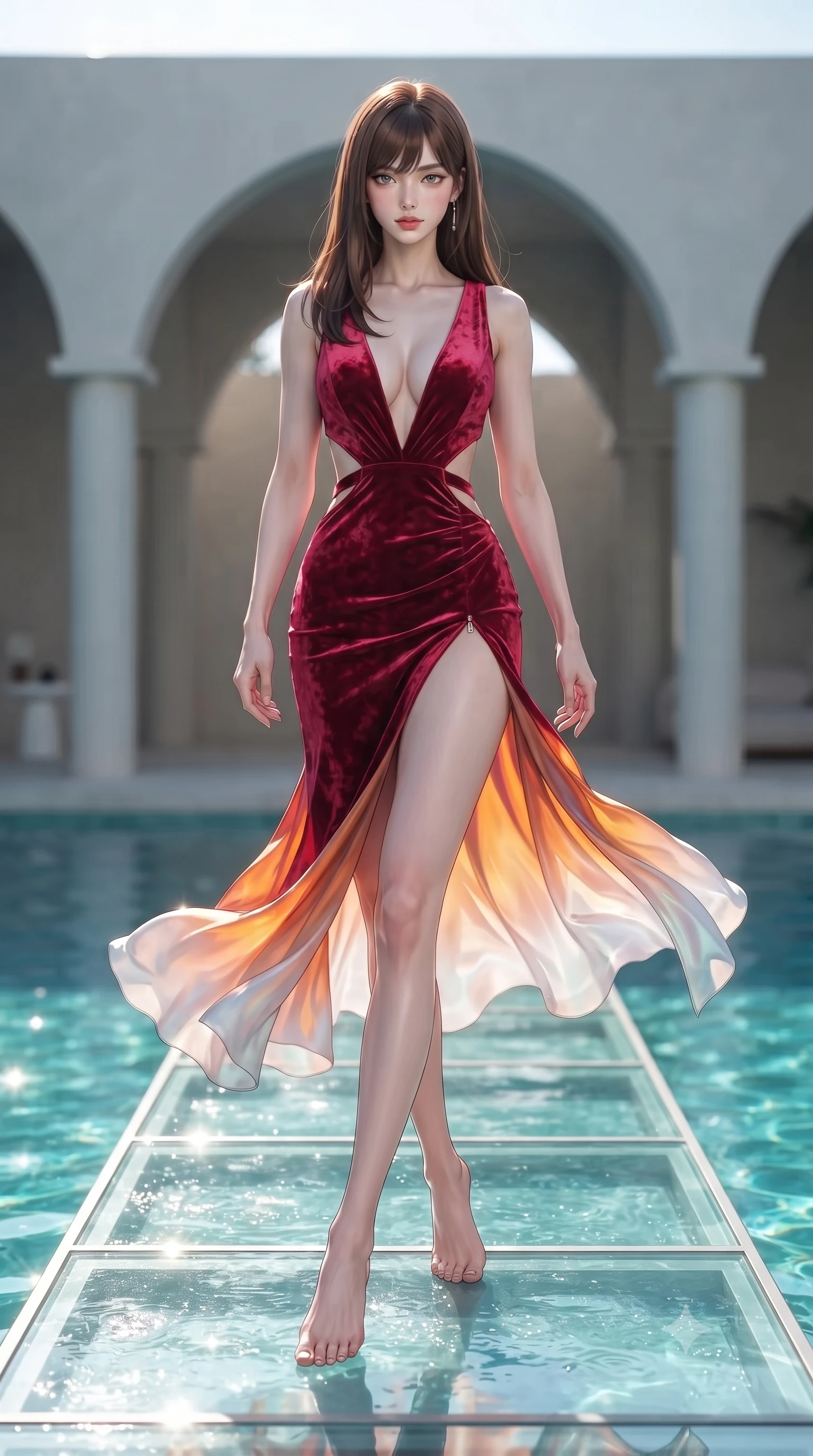 score_9, masterpiece, best quality, ultra-detailed, high-budget anime keyframe, editorial fashion photography, tasteful artistic composition, Korean woman. low angle full-body shot from head to toe showing her feet, filling the entire 9:16 vertical frame with her statuesque presence, stretching her vertical silhouette. performing an alluring mid-air vault with flawless poise, looking directly into the camera with smoldering intensity while stepping along a glowing glass runway elevated above a shimmering turquoise waterway in a modern pavilion. The composition keeps background elements in soft focus with creamy bokeh. modern water pavilion arches and white minimalist columns softened by shallow depth of field. She has an absolutely perfect, statuesque 8.5-heads proportion, an exceptionally tall and slender model-like female figure with impossibly long slender legs, a toned flat midriff, and an ultra-slim waist. sharp v-shaped jawline, high-bridge nose, intricate jewel-like eyes with depth, thick eyelashes, glossy lips with a natural sheen, flawlessly proportioned anatomical accuracy, strict slender model proportions, natural body alignment, perfectly sculpted long slender limbs, ultra-slim waistline, clean dynamic posture without body distortion. wearing a backless crimson crushed velvet gown with a deep plunging V-neckline, strategic hip cutouts, and an ultra-high thigh slit in vivid sunset amber orange and cloud white, made of smooth iridescent silk chiffon that shifts colors with movement, finished with an ultra-high side slit secured by miniature magnetic clasps, the sleek second-skin cut tightly hugging her graceful clavicle, narrow waist, and feminine curves with athletic precision. illuminated by clear directional key light with brilliant specular highlights on glass and water. ultra-reflective glossy finish, specular highlights, metallic sheen, high-contrast stereoscopic depth, volumetric dynamic lighting, 2k, ultra detail, master piece, 9:16 ratio