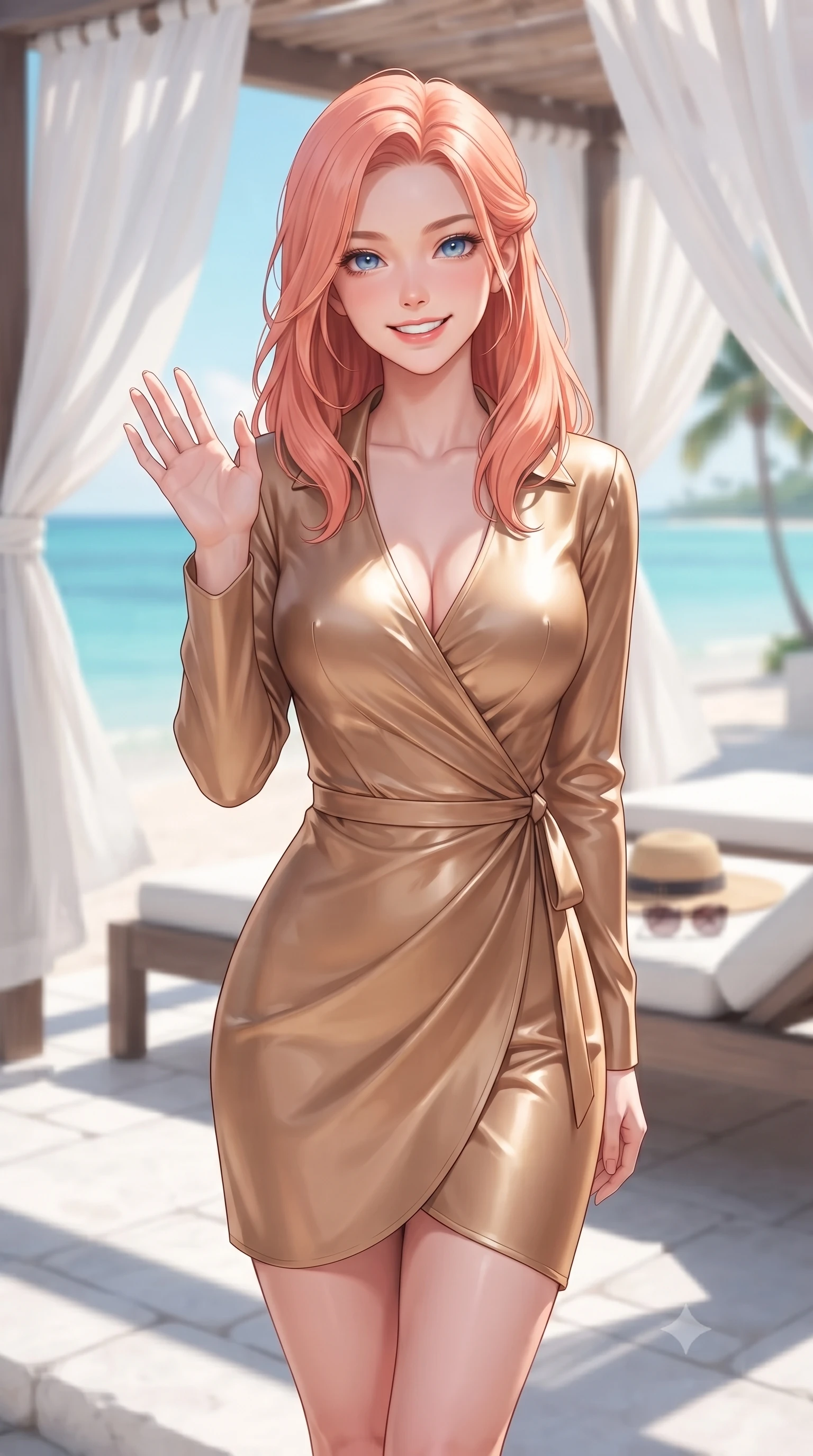 score_9, masterpiece, best quality, ultra-detailed, high-budget anime keyframe, editorial fashion photography, tasteful artistic composition, Japanese woman. close-up cowboy shot from the waist and thighs up, the character dominates the composition, filling the frame with her large presence, background elements kept in soft focus. flashing a sweet, beaming smile while waving one hand gently toward the camera set against a soft-focus background of at a resort beach cabana with white cotton drapes fluttering in the wind with a straw sunhat and a pair of sunglasses resting on the lounge chair. She has an exceptionally elegant, slender, and willowy female figure with an ultra-slim waist, a gracefully sculpted slender torso, and a refined silhouette. sharp v-shaped jawline, high-bridge nose, intricate jewel-like eyes with depth, thick eyelashes, glossy lips with a natural sheen. wearing tailored form-contouring silk wrap dress in camel, outlining her slender waist. bright midday sun casting crisp, clean shadows on the white stone deck. ultra-reflective glossy finish, specular highlights, metallic sheen, high-contrast stereoscopic depth, volumetric dynamic lighting, 2k, ultra detail, master piece, 9:16 ratio