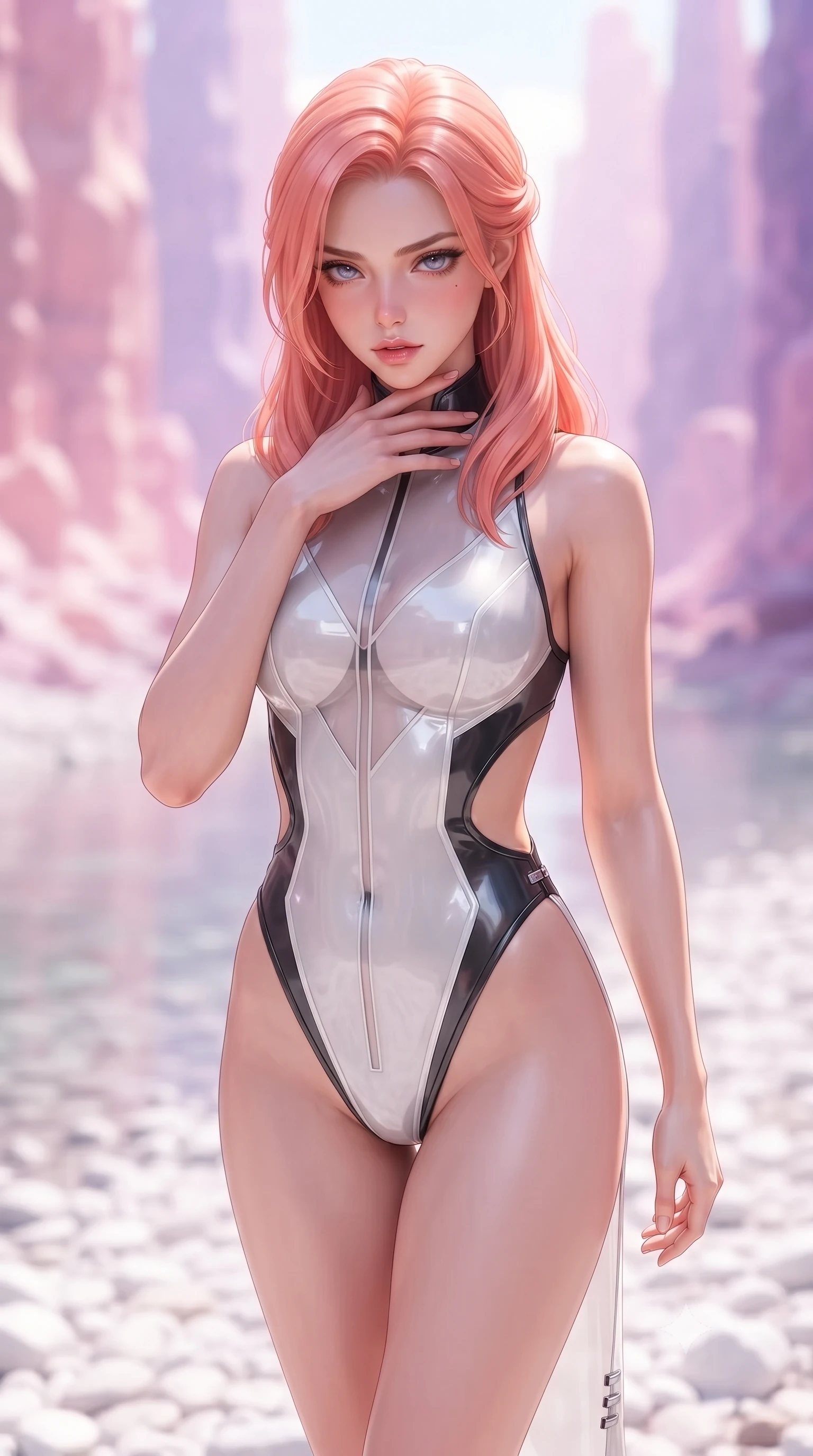 score_9, masterpiece, best quality, ultra-detailed, high-budget anime keyframe, editorial fashion photography, tasteful artistic composition, Japanese woman. close-up cowboy shot from the waist and thighs up, the character dominates the composition, filling the frame with her large presence. resting her fingers lightly against her throat while looking down with a smoldering, haughty yet intensely captivating glance while stepping along a white pebble riverbank with an alluring, direct smolder looking into the camera lens. The composition keeps background elements in soft focus with creamy bokeh. towering rose quartz and amethyst canyon spires blurred into radiant pastel pink and violet bokeh. She has an exceptionally elegant, slender, and willowy female figure with an ultra-slim waist, a gracefully sculpted slender torso, toned flat midriff, and a refined slim silhouette. sharp v-shaped jawline, high-bridge nose, intricate jewel-like eyes with depth, thick eyelashes, glossy lips with a natural sheen, flawlessly proportioned anatomical accuracy, strict slender model proportions, natural body alignment, perfectly sculpted long slender limbs, ultra-slim waistline, clean dynamic posture without body distortion. wearing a high-cut translucent vinyl leotard with front paneling, exposed side-rib cutouts, and an open back in high-gloss monochrome white and sharp black contrast, tailored from semi-translucent cybernetic vinyl with glowing micro-filaments, finished with an ultra-high side slit secured by miniature magnetic clasps, the sleek second-skin cut tightly hugging her graceful clavicle, narrow waist, and feminine curves with athletic precision. surrounded by a pristine, refreshing, and intensely seductive crystal nymph atmosphere. ultra-reflective glossy finish, specular highlights, metallic sheen, high-contrast stereoscopic depth, volumetric dynamic lighting, 2k, ultra detail, master piece, 9:16 ratio