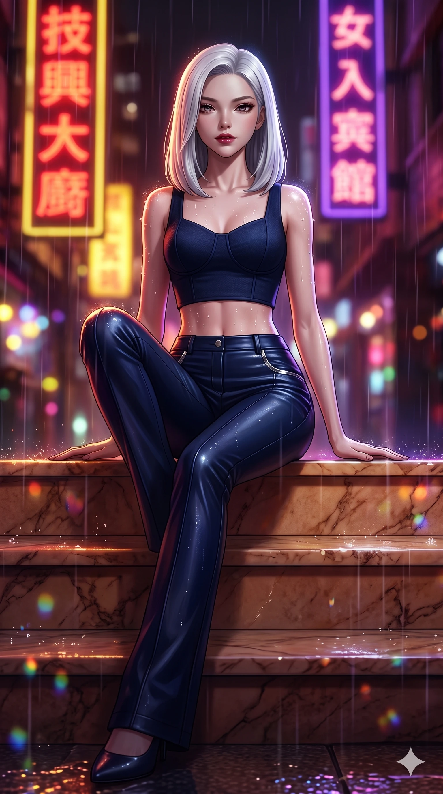 score_9, masterpiece, best quality, ultra-detailed, high-budget anime keyframe, semi-realistic 3D game render, editorial fashion photography, tasteful artistic composition, Korean woman. low angle full-body shot from head to toe showing her feet, filling the entire 9:16 vertical frame with her statuesque presence, stretching her vertical silhouette. sitting poised on the warm marble steps with one knee bent, arching her spine with supermodel elegance as she glances upward through thick eyelashes while glancing down over lowered lashes before meeting the camera with quiet, devastating intensity, her tailored outfit tracing her ultra-slim waist and hips. The background shows a soft-focus vertical kanji neon signs in deep crimson, gold, and royal purple blurred into dazzling saturated reflections and dreamy rain bokeh. She has an exceptionally tall and slender model-like 8.5-heads proportion, an ultra-slim waist, a flat toned midriff, narrow delicate ribcage, and beautifully sculpted feminine hips creating a graceful, slim hourglass silhouette without any bulky heaviness, with impossibly long slender legs. sharp v-shaped jawline, high-bridge nose, intricate jewel-like dark sparkling eyes with dangerous depth, thick curled eyelashes, glossy parted lips with a rich wine sheen, smoldering seductive half-smile with bedroom-eyes, exuding effortless superiority and intoxicating dark allure, flawlessly proportioned anatomical accuracy, strict slender model proportions, natural body alignment, perfectly sculpted long slender limbs, ultra-slim waistline, clean dynamic posture without body distortion. wearing a cropped structured bodice top paired with ultra-fitted high-waisted leather trousers tracing her hips in midnight sapphire navy and chrome silver, tailored from fine lightweight midnight wool crepe with crisp architectural structure, finished with glistening rain droplets beading across her sculpted shoulders and flat midriff, the liquid-tight tailored fabric clinging flawlessly to her narrow waist and rounded feminine hips, emphasizing every millimeter of her sculpted slim hourglass curves without any bulky heaviness. bathed in intense saturated crimson and warm gold neon underlights contrasting with dark rain-soaked shadow tones. highly saturated vibrant anime colors, detailed shading with soft gradients, rich glossy textures, high-contrast stereoscopic depth, volumetric dynamic lighting, master piece, 9:16 ratio