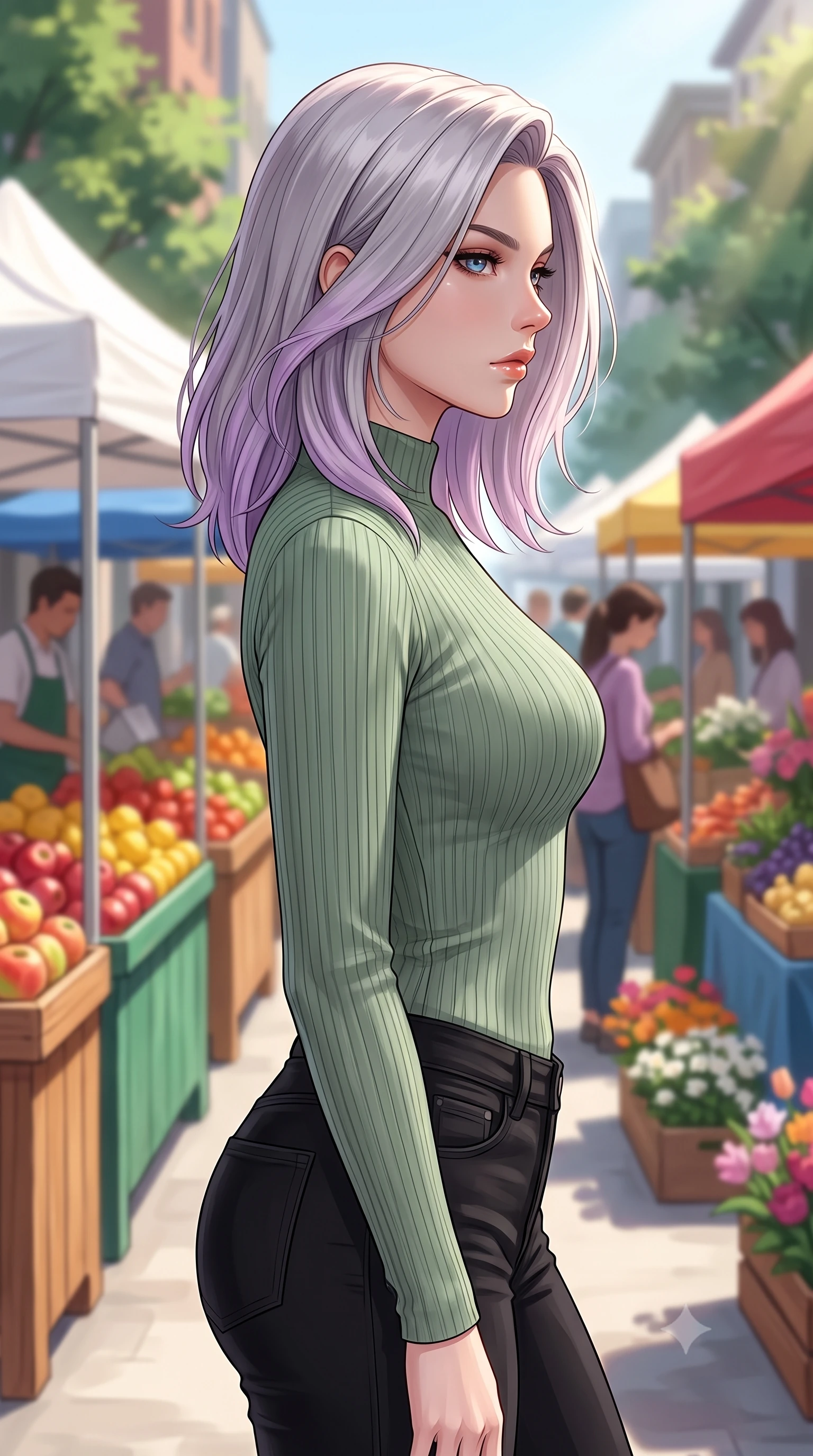 score_9, masterpiece, best quality, ultra-detailed, high-budget anime keyframe, editorial fashion photography, tasteful artistic composition, Caucasian woman woman. close-up cowboy shot from the waist and thighs up, the character dominates the composition, filling the frame with her large presence, background elements kept in soft focus. turning her face in sharp profile, casting a cold, mysterious, yet intensely sensual side gaze the background shows a soft-focus a bustling market square with wooden stalls selling fresh fruit and flowers under white tents. She has an exceptionally elegant, slender, and willowy female figure with an ultra-slim waist, a gracefully sculpted slender torso, and a refined silhouette. sharp v-shaped jawline, high-bridge nose, intricate jewel-like eyes with depth, thick eyelashes, glossy lips with a natural sheen. wearing a form-contouring tight-fitting ribbed mock-neck top in sage green paired with black skinny pants. bright midday sun rays creating a lively and colorful atmosphere. 2k, ultra detail, master piece, 9:16 ratio