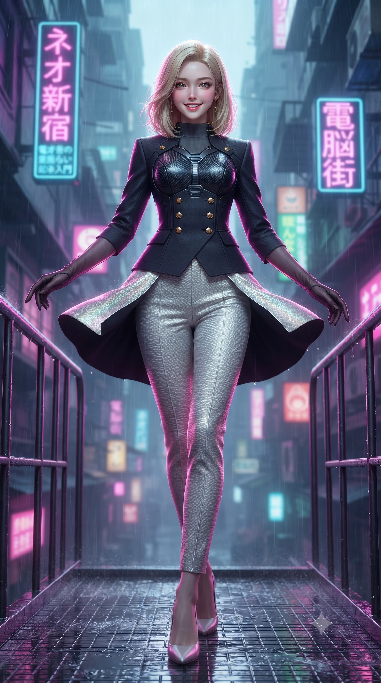 score_9, masterpiece, best quality, ultra-detailed, high-budget anime keyframe, editorial fashion photography, tasteful artistic composition, Korean woman. low angle full-body shot from head to toe showing her feet, filling the entire 9:16 vertical frame with her statuesque presence, stretching her vertical silhouette. executing a slow, graceful pivot turn as her skirt sways around her slender legs, glancing back with an enchanting, teasing sensual expression while standing poised on the rain-slicked fire escape gantry suspended over the 50-story neon canyon of Neo-Shinjuku, arching her lower back with mysterious siren grace as acid rain sizzles on neon signs. The background shows a soft-focus fine acid rain mist softened in cyberpunk Shinjuku alley canyon shallow focus. She has an exceptionally tall and slender model-like 8.5-heads proportion, an ultra-slim waist, a flat toned midriff, narrow delicate ribcage, and beautifully sculpted feminine hips creating a graceful, slim hourglass silhouette without any bulky heaviness, with impossibly long slender legs. sharp v-shaped jawline, high-bridge nose, intricate jewel-like sparkling eyes with depth, thick eyelashes, glossy parted lips with a natural peach sheen, bright cheerful beaming smile with an enchanting and coquettish sensual glint, exuding both youthful cute charm and seductive allure, flawlessly proportioned anatomical accuracy, strict slender model proportions, natural body alignment, perfectly sculpted long slender limbs, ultra-slim waistline, clean dynamic posture without body distortion. wearing a structured cyber-infantry dress uniform jacket with carbon-fiber chest plating and brass buttons over a mock-neck top and tailored wool trousers in solar-sail rainbow diffraction and titanium white, tailored from high-density tech-wool with subtle metallic thread weave, complemented by sheer opera-length evening gloves tracing her slender arms, the impeccably tailored cut draping gracefully along her slender figure with aristocratic poise. illuminated by wet metal reflection bounce and sharp neon-magenta rim lights defining her razor-sharp jawline, narrow waist, and curvy hips. ultra-reflective glossy finish, specular highlights, rich textural contrasts, high-contrast stereoscopic depth, volumetric dynamic lighting, 2k, ultra detail, master piece, 9:16 ratio