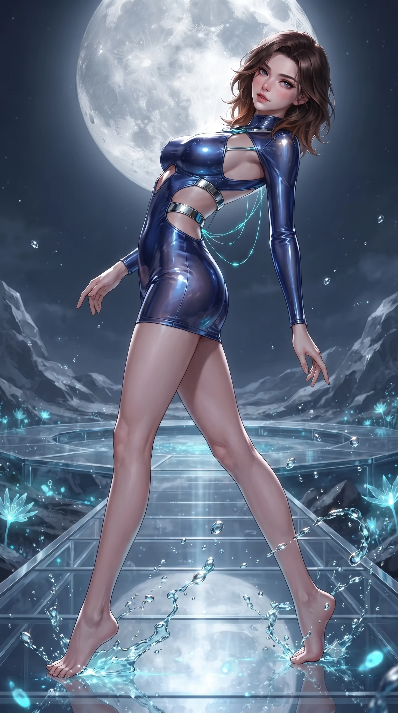 score_9, masterpiece, best quality, ultra-detailed, high-budget anime keyframe, editorial fashion photography, tasteful artistic composition, Korean woman. low angle full-body shot from head to toe showing her feet, filling the entire 9:16 vertical frame with her statuesque presence, stretching her vertical silhouette. pivoting dynamically in mid-motion with a breathtakingly alluring posture, displaying her flawless model proportions and ultra-slim waist while arching her back in a fluid motion as luminous celestial water droplets splash in slow motion around her. The surrounding environment is rendered in vivid detail and crisp panoramic clarity. crisp lunar crater textures, glass walkway reflections, and glowing aquatic stamens in high resolution. She has an absolutely perfect, statuesque 8.5-heads proportion, an exceptionally tall and slender model-like female figure with impossibly long slender legs, a toned flat midriff, and an ultra-slim waist. sharp v-shaped jawline, high-bridge nose, intricate jewel-like eyes with depth, thick eyelashes, glossy lips with a natural sheen, flawlessly proportioned anatomical accuracy, strict slender model proportions, natural body alignment, perfectly sculpted long slender limbs, ultra-slim waistline, clean dynamic posture without body distortion. wearing a second-skin fashion-latex mini dress with a clean architectural front, featuring an open-back design that wraps around the sides of her waist, showcasing her slender silhouette in deep royal navy blue and specular chrome, tailored from semi-translucent cybernetic vinyl with glowing micro-filaments, reinforced by a sleek metallic chrome harness and delicate glowing micro-straps, the precision-cut daring openings accentuating her delicate midriff, graceful bare collarbones, and ultra-slim feminine waistline. bathed in brilliant silver moonlight backlighting and glowing cyan water refractions. ultra-reflective glossy finish, specular highlights, metallic sheen, high-contrast stereoscopic depth, volumetric dynamic lighting, 2k, ultra detail, master piece, 9:16 ratio