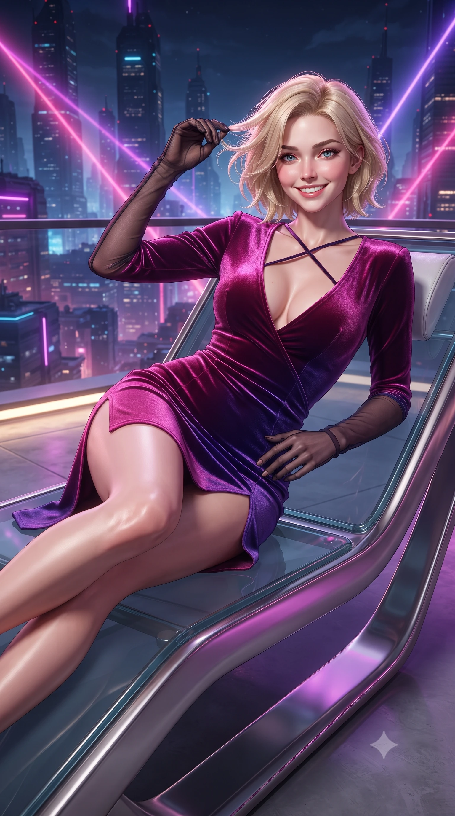 score_9, masterpiece, best quality, ultra-detailed, high-budget anime keyframe, editorial fashion photography, tasteful artistic composition, Caucasian woman. close-up cowboy shot from the waist and thighs up, the character dominates the composition, filling the frame with her large presence. twisting her slender torso in an alluring contrapposto stance, one hand resting on her sculpted hip while her fingers toy with her hair with effortless poise while lounging in the modern sculptured sunbed propped on one elbow with legs extended, displaying her long slender limbs and statuesque hourglass silhouette against the metropolis. The surrounding environment is rendered in vivid detail and crisp panoramic clarity: detailed garment tailoring, bodycon or sheer fit, and futuristic mega-structure engineering in razor-sharp precision. She has an exceptionally elegant, slender, and willowy female figure with an ultra-slim waist, flat toned midriff, narrow ribcage, and sculpted feminine hips creating an alluring, slim hourglass silhouette without bulk. sharp v-shaped jawline, high-bridge nose, intricate jewel-like sparkling eyes with depth, thick eyelashes, glossy parted lips with a natural peach sheen, bright cheerful beaming smile with an enchanting and coquettish sensual glint, exuding both youthful cute charm and seductive allure, flawlessly proportioned anatomical accuracy, strict slender model proportions, natural body alignment, perfectly sculpted long slender limbs, ultra-slim waistline, clean dynamic posture without body distortion. wearing a backless liquid lamé mini dress with criss-cross spinal straps and daring side slit in Supertree bioluminescent magenta and electric violet, tailored from ultra-plush silk velvet with rich tactile depth and deep shadow gradients, complemented by sheer opera-length evening gloves tracing her slender arms, the bespoke structured tailoring following the natural line of her 8.5-heads silhouette with refined elegance. bathed in the dynamic multi-colored ambient of the illuminated bay lasers contrasted with warm 2900K recessed deck cove downlights. ultra-reflective glossy finish, specular highlights, rich textural contrasts, high-contrast stereoscopic depth, volumetric dynamic lighting, 2k, ultra detail, master piece, 9:16 ratio