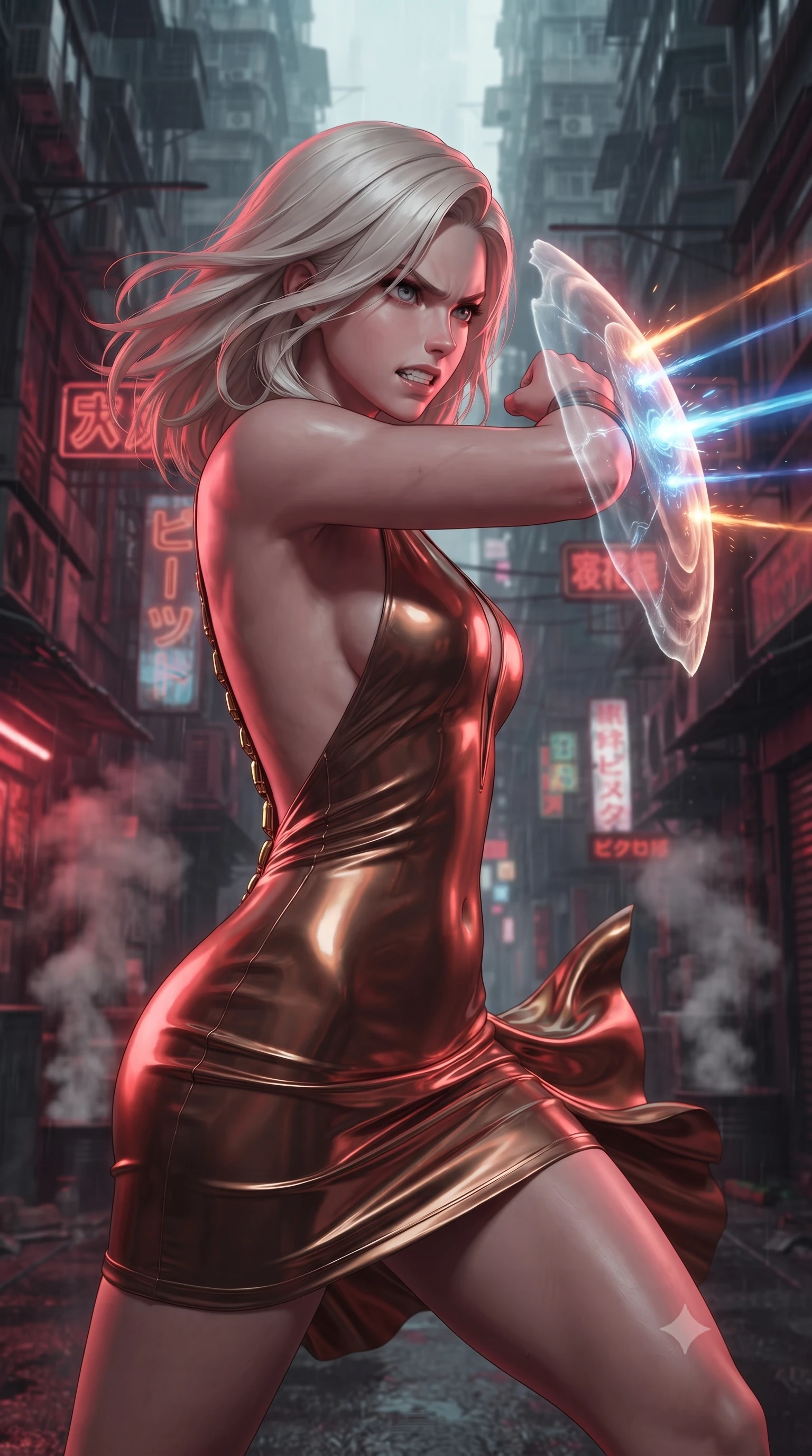 score_9, masterpiece, best quality, ultra-detailed, high-budget anime keyframe, editorial fashion photography, tasteful artistic composition, realistic cosplay photography, Caucasian woman, strictly human ears. close-up cowboy shot from the waist and thighs up, the character dominates the composition, filling the frame with her large presence, background elements kept in soft focus. Deflecting incoming plasma bolts with a glowing energy shield attached to her forearm, teeth grit in determination. set against a soft-focus background of a narrow, rain-slicked cyberpunk alleyway dense with decaying skyscrapers, crowded with flickering neon signs in Japanese letters and rising steam from sewer vents. She has an exceptionally elegant and slender, willowy female figure with an ultra-slim waist, a gracefully sculpted slender torso, and a refined slim physique. sharp v-shaped jawline, high-bridge nose, intricate jewel-like eyes with depth, thick eyelashes, glossy lips with a natural sheen. wearing the lightweight fabric rippling and billowing dramatically with her movement, a form-contouring deep-V bodycon mini dress in shifting liquid bronze, featuring a dramatic open back and gold spine hardware. deep crimson theatrical lighting with sharp specular highlights on every curve. ultra-reflective glossy finish, specular highlights, metallic sheen, high-contrast stereoscopic depth, volumetric dynamic lighting, 2k, ultra detail, master piece, 9:16 ratio