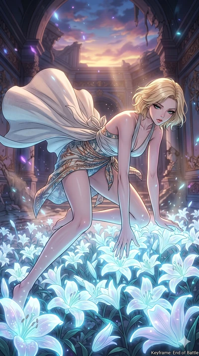score_9, masterpiece, best quality, ultra-detailed, high-budget anime movie keyframe, cinematic anime lighting, intricate line art, Japanese woman. Low angle cowboy shot capturing a powerful motion and statuesque presence. collapsing onto a bed of gl