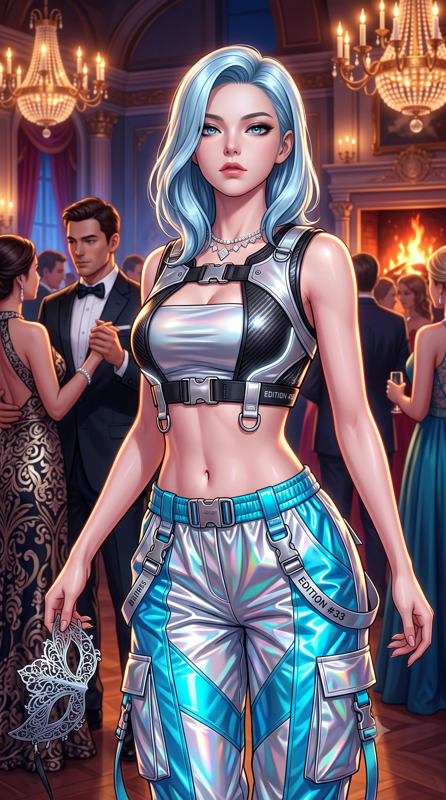 score_9, masterpiece, best quality, ultra-detailed, high-budget anime keyframe, semi-realistic 3D game render, editorial fashion photography, tasteful artistic composition, Korean woman. close-up cowboy shot from the waist and thighs up, the character dominates the composition, filling the frame with her large presence. tilting her chin up with proud, sovereign confidence while gazing directly into the lens with thick, dark eyelashes while twirling on the crowded ballroom dance floor with a target diplomat, her smoldering gaze masking her lethal undercover mission. The surrounding environment is rendered in vivid detail and crisp panoramic clarity. intricate laser-cut filigree mask patterns, sparkling diamond necklace facets, and silk velvet textures in deep focus. She has an exceptionally elegant, slender, and willowy female figure with an ultra-slim waist, a gracefully sculpted slender torso, toned flat midriff, and a refined slim silhouette. sharp v-shaped jawline, high-bridge nose, intricate jewel-like eyes with depth, thick eyelashes, glossy lips with a natural sheen, captivating and magnetic expression, flawlessly proportioned anatomical accuracy, strict slender model proportions, natural body alignment, perfectly sculpted long slender limbs, ultra-slim waistline, clean dynamic posture without body distortion. wearing a futuristic cropped tech-harness vest worn over a silver reflective tube top and high-rise metallic parachute cargo pants in holographic silver and electric cyan, crafted from high-gloss metallic ripstop nylon and flexible carbon mesh, detailed with heavy-duty chrome quick-release buckles and D-ring straps edition #33, the liquid-tight tailored fabric emphasizing every curve of her tall, slender model proportions and sculptured silhouette during dynamic movement. bathed in romantic warm candelabra glow and dramatic fireplace ember uplights. highly saturated vibrant anime colors, detailed shading with soft gradients, rich glossy textures, high-contrast stereoscopic depth, volumetric dynamic lighting, master piece, 9:16 ratio