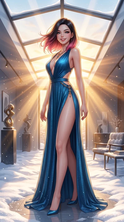 score_9, masterpiece, best quality, ultra-detailed, high-budget anime keyframe, vibrant anime aesthetic, Korean woman. cowboy shot from the thighs up, character and outfit filling the frame for maximum presence. She is standing tall, looking over her