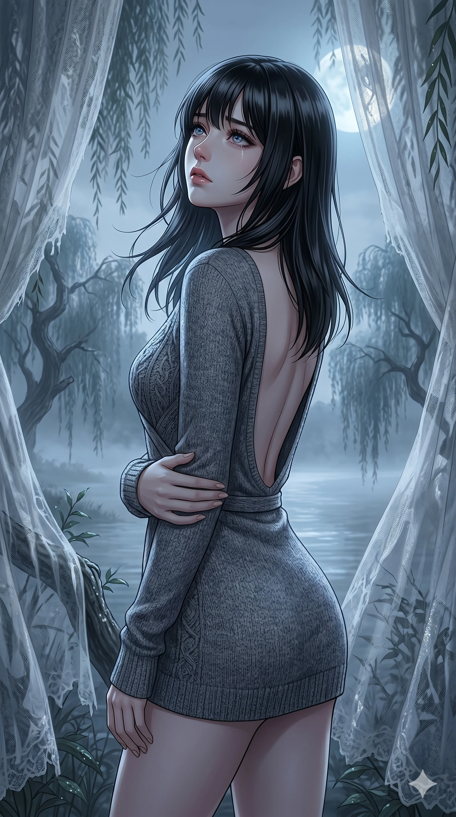 score_9, masterpiece, best quality, ultra-detailed, high-budget anime keyframe, editorial fashion photography, tasteful artistic composition, Caucasian woman, strictly human ears. cowboy shot from the thighs up, character and outfit filling the frame for maximum editorial presence. wrapping one arm around her waist, looking up with a sorrowful, longing gaze as if searching for something by a misty lakeside at dawn, surrounded by weeping willow trees (Scenario Code S-5). She has an absolutely perfect 8-heads proportion, an exceptionally tall and slender female figure with impossibly long slender legs and an ultra-slim waist. V-shaped jawline, high-bridge nose, intricate jewel-like eyes with depth, thick eyelashes, glossy lips with a natural sheen. wearing a micro-length knit wrap top with a scooped open back, exposing her back down to the spine. bathed in cold moonlight filtering through translucent curtains, creating soft shadows. 2k, ultra detail, master piece, 9:16 ratio