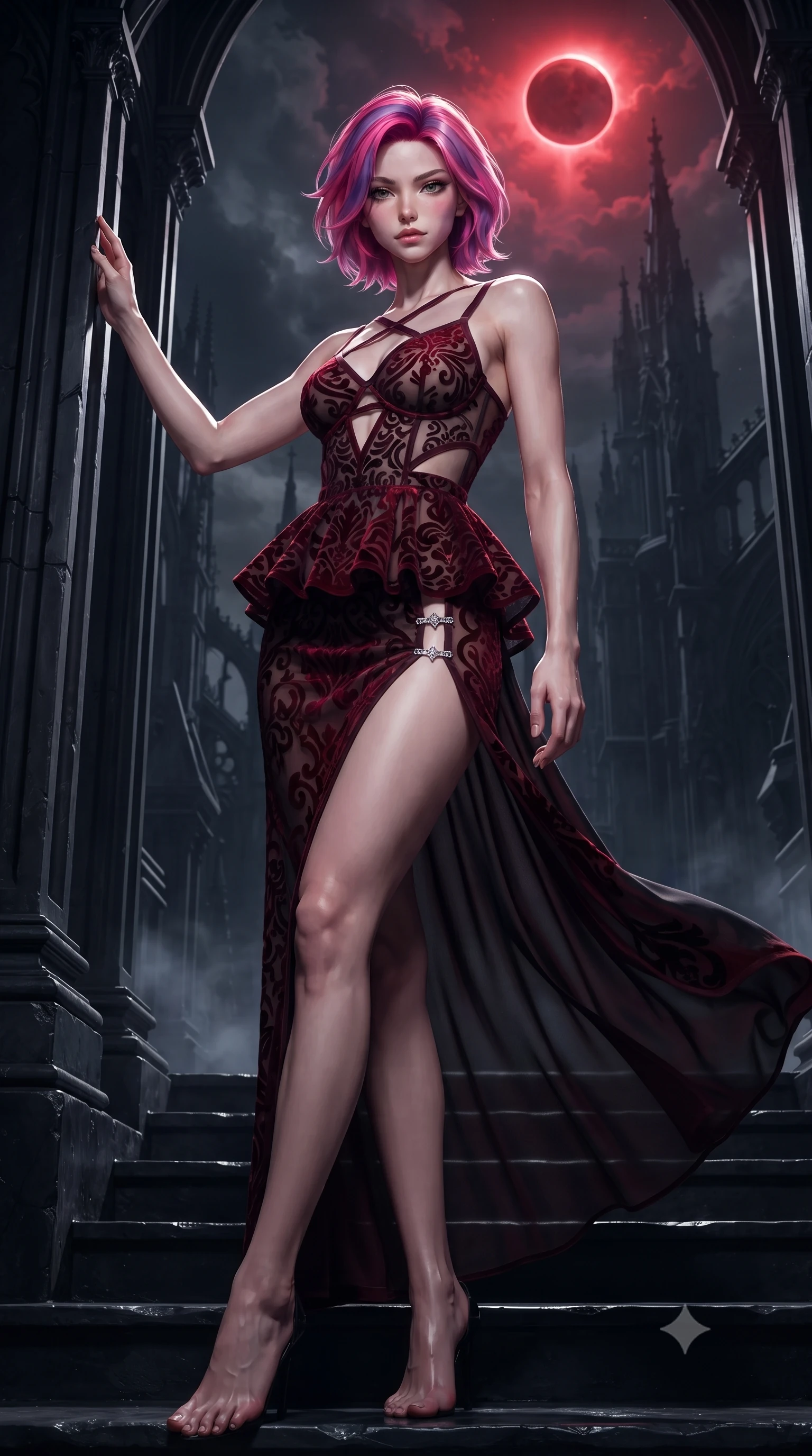 score_9, masterpiece, best quality, ultra-detailed, high-budget anime keyframe, editorial fashion photography, tasteful artistic composition, Caucasian woman. low angle full-body shot from head to toe showing her feet, filling the entire 9:16 vertical frame with her statuesque presence, stretching her vertical silhouette. leaning deep against the structural architecture with hips cocked in an unapologetically bold, seductive high-fashion stance while descending the cold cathedral steps with fluid supermodel momentum, the night wind fluttering her dark drapery. The surrounding environment is rendered in vivid detail and crisp panoramic clarity. monumental high-contrast gothic chiaroscuro and sacred nocturnal architecture in sharp clarity. She has an absolutely perfect, statuesque 8.5-heads proportion, an exceptionally tall and slender model-like female figure with impossibly long slender legs, a toned flat midriff, and an ultra-slim waist. sharp v-shaped jawline, high-bridge nose, intricate jewel-like eyes with depth, thick eyelashes, glossy parted lips with a natural sheen, intensely captivating and seductive expression, flawlessly proportioned anatomical accuracy, strict slender model proportions, natural body alignment, perfectly sculpted long slender limbs, ultra-slim waistline, clean dynamic posture without body distortion. wearing an architectural peplum corset dress with crossed back straps and a high side slit in rich ruby red and dark smoky charcoal, made of sheer contouring mesh with velvet flocking patterns, finished with an ultra-high side slit secured by miniature jeweled clasps, the precision-cut daring openings accentuating her delicate midriff, graceful bare collarbones, and ultra-slim feminine waistline. bathed in surreal blood-red lunar eclipse backlighting and cool silver ambient fill. ultra-reflective glossy finish, specular highlights, rich textural contrasts, high-contrast stereoscopic depth, volumetric dynamic lighting, 2k, ultra detail, master piece, 9:16 ratio