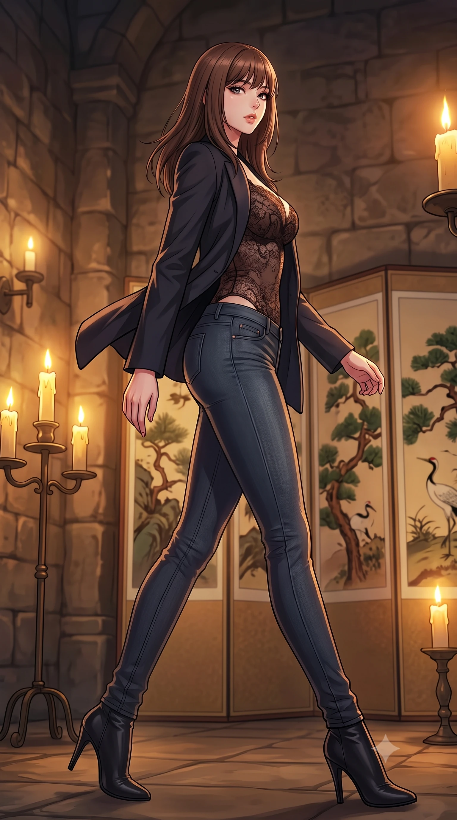 score_9, masterpiece, best quality, ultra-detailed, high-budget anime keyframe, tasteful artistic composition, Korean woman. low angle full-body shot from head to toe showing her feet, filling the entire 9:16 vertical frame with her statuesque presence, stretching her vertical silhouette. stepping gracefully while looking back over her shoulder, her dress draped tightly to reveal her silhouette the background shows a soft-focus an old castle chamber with decorative screen paintings and candle stands. She has an absolutely perfect, statuesque 8.5-heads proportion, an exceptionally tall and slender model-like female figure with impossibly long slender legs and an ultra-slim waist. sharp v-shaped jawline, high-bridge nose, intricate jewel-like eyes with depth, thick eyelashes, glossy lips with a natural sheen. wearing a slim-fit semi-opaque dark lace bodysuit worn under a tailored open blazer and jeans. warm flickering candle lights casting dramatic shadows on the stone walls. highly saturated vibrant anime colors, cel-shading, 2d style, master piece, 9:16 ratio
