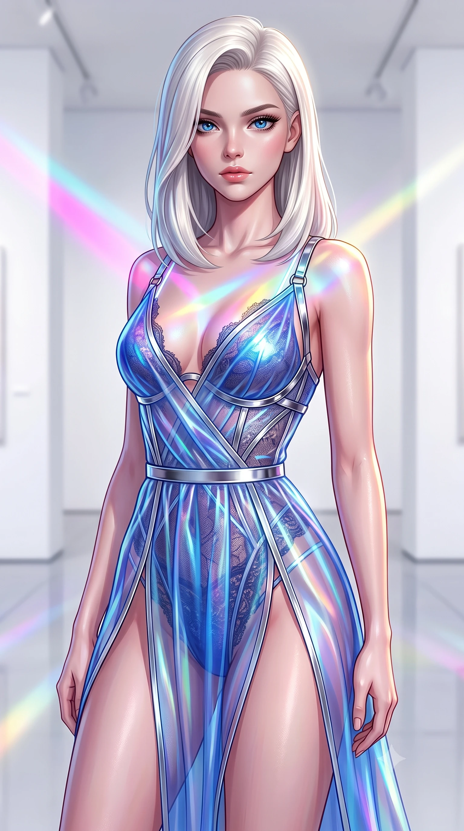 score_9, masterpiece, best quality, ultra-detailed, high-budget anime keyframe, semi-realistic 3D game render, editorial fashion photography, tasteful artistic composition, Caucasian woman. close-up cowboy shot from the waist and thighs up, the character dominates the composition, filling the frame with her large presence. gazing directly into the lens with bedroom eyes and a breathtaking, dangerous allure that commands the entire composition while twisting her upper body in a dynamic S-curve as brilliant magenta, cyan, and yellow prism beams cross her chest. The composition keeps background elements in soft focus with creamy bokeh. pristine white gallery walls and polished floor reflections softened by shallow cinematic focus. She has an exceptionally elegant, slender, and willowy female figure with an ultra-slim waist, a gracefully sculpted slender torso, toned flat midriff, and a refined slim silhouette. sharp v-shaped jawline, high-bridge nose, intricate jewel-like eyes with depth, thick eyelashes, glossy lips with a natural sheen, flawlessly proportioned anatomical accuracy, strict slender model proportions, natural body alignment, perfectly sculpted long slender limbs, ultra-slim waistline, clean dynamic posture without body distortion. wearing a translucent iridescent organza wrap dress with structured bustier boning, plunging neckline, and high-cut dual leg slits in liquid electric cobalt blue and polished silver, crafted from delicate dark lace interwoven with luminescent micro-fibers, reinforced by a sleek metallic chrome harness and delicate glowing micro-straps, the sleek second-skin cut tightly hugging her graceful clavicle, narrow waist, and feminine curves with athletic precision. surrounded by a hyper-creative, radiant, and fiercely chic modern fashion editorial aura. highly saturated vibrant anime colors, detailed shading with soft gradients, rich glossy textures, high-contrast stereoscopic depth, volumetric dynamic lighting, master piece, 9:16 ratio