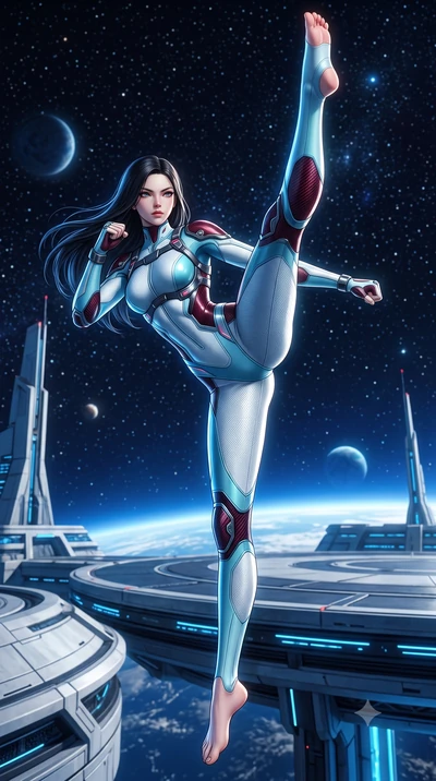 score_9, masterpiece, best quality, ultra-detailed, high-budget anime keyframe, semi-realistic 3D game render, editorial fashion photography, tasteful artistic composition, Korean woman. low angle full-body shot from head to toe showing her feet, fil