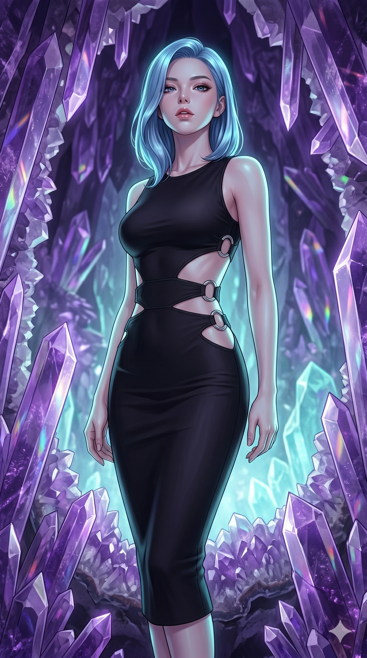 score_9, masterpiece, best quality, ultra-detailed, high-budget anime keyframe, editorial fashion photography, tasteful artistic composition, Korean woman. cowboy shot from the thighs up, character and outfit filling the frame for maximum editorial presence. Tilting her chin up slightly with lips parted in a composed expression inside a crystalline geode cavern lined with towering amethyst spires casting violet prismatic light. She has an absolutely perfect 8-heads proportion, an exceptionally tall and slender female figure with impossibly long slender legs and an ultra-slim waist. V-shaped jawline, high-bridge nose, intricate jewel-like eyes with depth, thick eyelashes, glossy lips with a natural sheen. wearing a precision matte black bodycon midi dress with strategic architectural cutouts at the waist and side torso framed by clean chrome ring hardware, perfectly fitted to her slender form. illuminated by soft aqua bioluminescent light that makes her skin luminously glow against the dark. 2k, ultra detail, master piece, 9:16 ratio