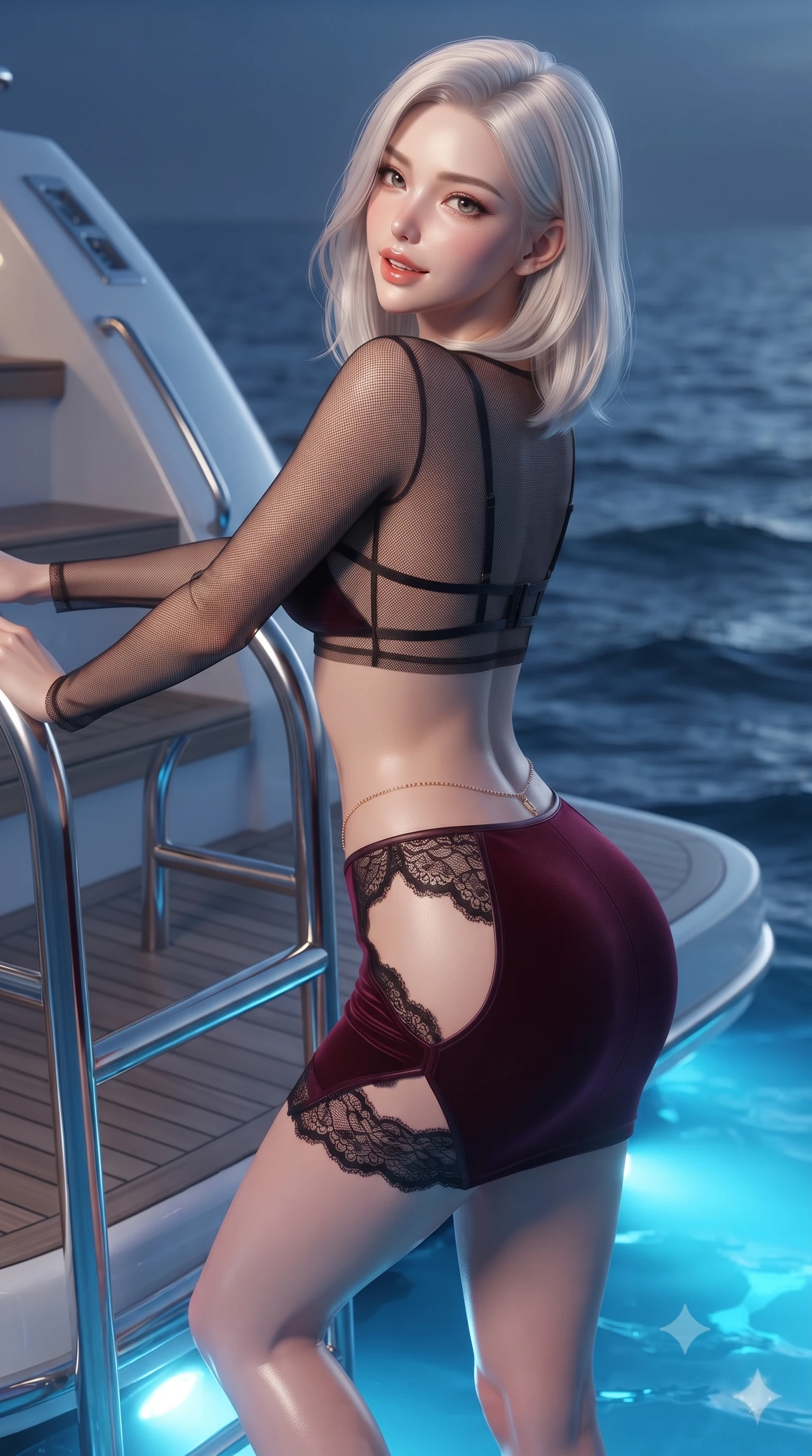 score_9, masterpiece, best quality, ultra-detailed, high-budget anime keyframe, editorial fashion photography, tasteful artistic composition, Korean woman. close-up cowboy shot from the waist and thighs up, the character dominates the composition, filling the frame with her large presence. posing in an alluring rear three-quarter angle, looking over a bare shoulder with parted glossy lips, her hips cocked back to highlight her slim hourglass curve while leaning against the stainless-steel yacht transom stairs with hips cocked back, looking into the lens with an irresistible bedroom-gaze. The background shows a soft-focus gently lapping ocean waves softened in exclusive maritime nocturnal shallow focus. She has an exceptionally elegant, slender, and willowy female figure with an ultra-slim waist, flat toned midriff, narrow ribcage, and sculpted feminine hips creating an alluring, slim hourglass silhouette without bulk. sharp v-shaped jawline, high-bridge nose, sparkling eyes with hypnotic seductive depth, thick curled eyelashes, glossy parted lips with a natural dewy peach sheen, alluring bedroom-eyes with an enchanting coquettish smile, exuding magnetic siren charisma and sophisticated glamour, flawlessly proportioned anatomical accuracy, strict slender model proportions, natural body alignment, perfectly sculpted long slender limbs, ultra-slim waistline, clean dynamic posture without body distortion. wearing a sheer mesh long-sleeve crop top over an opaque strappy micro-bralette and a sleek leatherette mini skirt in deep bordeaux velvet and delicate black chantilly, tailored from fine structural neoprene with crisp architectural edges and smooth contouring, accented with a dainty gold belly chain resting across her flat midriff and curving hips, the precision-cut side openings and low-back scoop framing her graceful spine and the sensual sweep of her slim, toned hips. bathed in brilliant azure underwater LED hull lights illuminating the sea around the swim platform. ultra-reflective glossy finish, specular highlights, rich textural contrasts, high-contrast stereoscopic depth, volumetric dynamic lighting, 2k, ultra detail, master piece, 9:16 ratio
