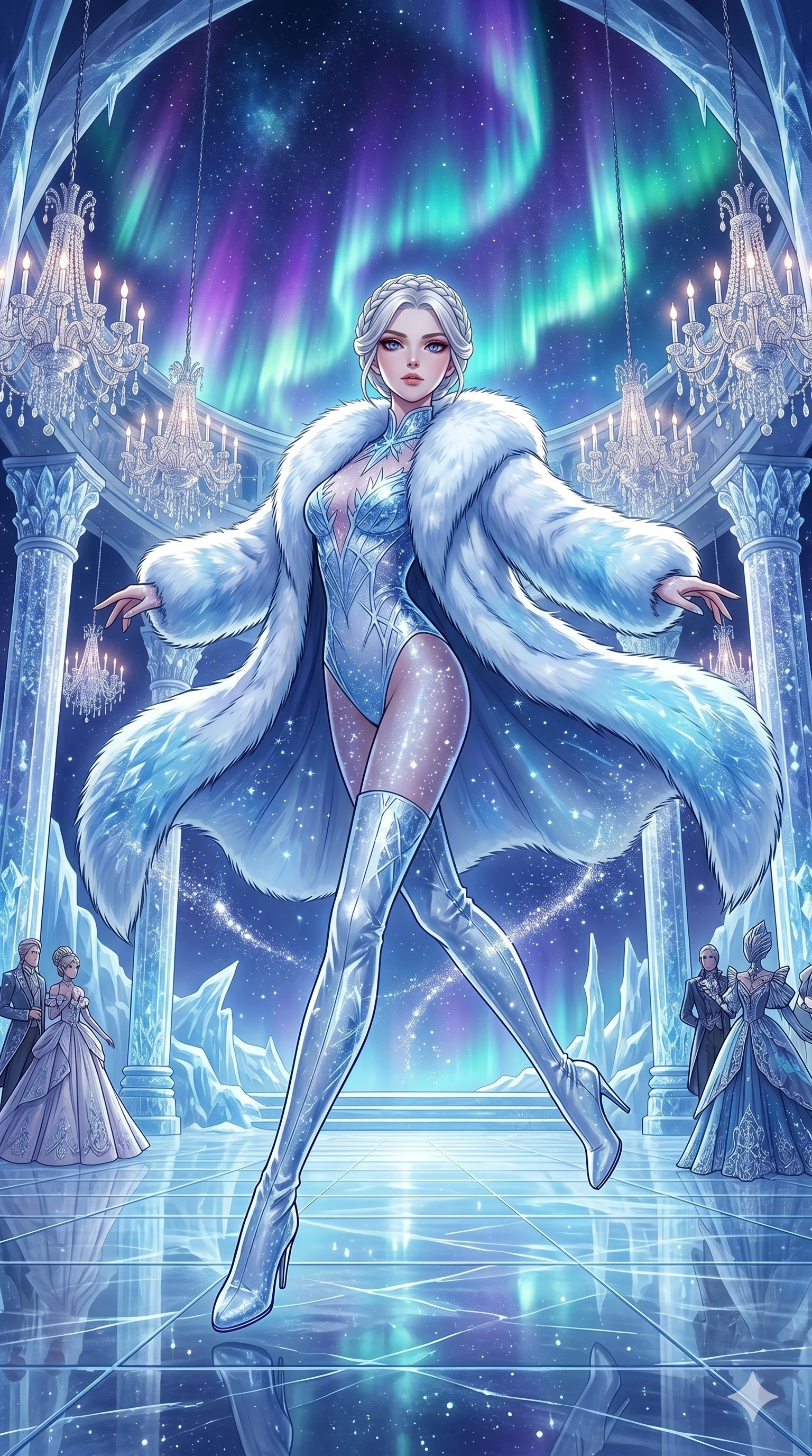 score_9, masterpiece, best quality, ultra-detailed, high-budget anime movie keyframe, cinematic anime lighting, intricate line art, Japanese woman. Low angle cowboy shot filling the entire 9:16 frame with her statuesque presence. leaping gracefully in a frozen starlight ballroom amidst aurora borealis. She has an absolutely perfect 8-heads proportion, an exceptionally tall and slender female figure with an ultra-slim waist and impossibly long slender legs. sharp v-shaped jawline, high-bridge nose, intricate jewel-like eyes, thick eyelashes, glossy lips. Wearing seasonal winter-couture featuring a plush oversized faux-fur coat worn over a skin-tight crystalline leotard and thigh-high stiletto boots. The scene is illuminated by dramatic atmospheric lighting and vibrant color palettes. , 2k, ultra detail, master piece, 9:16 ratio