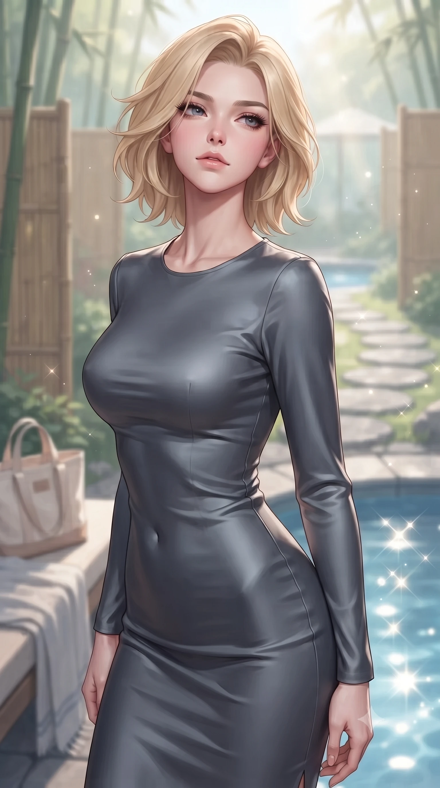 score_9, masterpiece, best quality, ultra-detailed, high-budget anime keyframe, editorial fashion photography, tasteful artistic composition, Caucasian woman. close-up cowboy shot from the waist and thighs up, the character dominates the composition, filling the frame with her large presence, background elements kept in soft focus. tilting her chin up with a composed yet magnetic gaze under long dark eyelashes set against a soft-focus background of in a peaceful wellness spa garden with bamboo partitions and stone pathways with a soft linen beach towel and a cute canvas tote bag nearby. She has an exceptionally elegant, slender, and willowy female figure with an ultra-slim waist, a gracefully sculpted slender torso, and a refined silhouette. sharp v-shaped jawline, high-bridge nose, intricate jewel-like eyes with depth, thick eyelashes, glossy lips with a natural sheen. wearing tailored body-hugging long-sleeve silk dress in slate grey, following her form elegantly. fresh morning sun rays creating sparkling glints on the blue pool water. highly saturated vibrant anime colors, detailed shading with soft gradients, rich glossy textures, high-contrast stereoscopic depth, volumetric dynamic lighting, master piece, 9:16 ratio