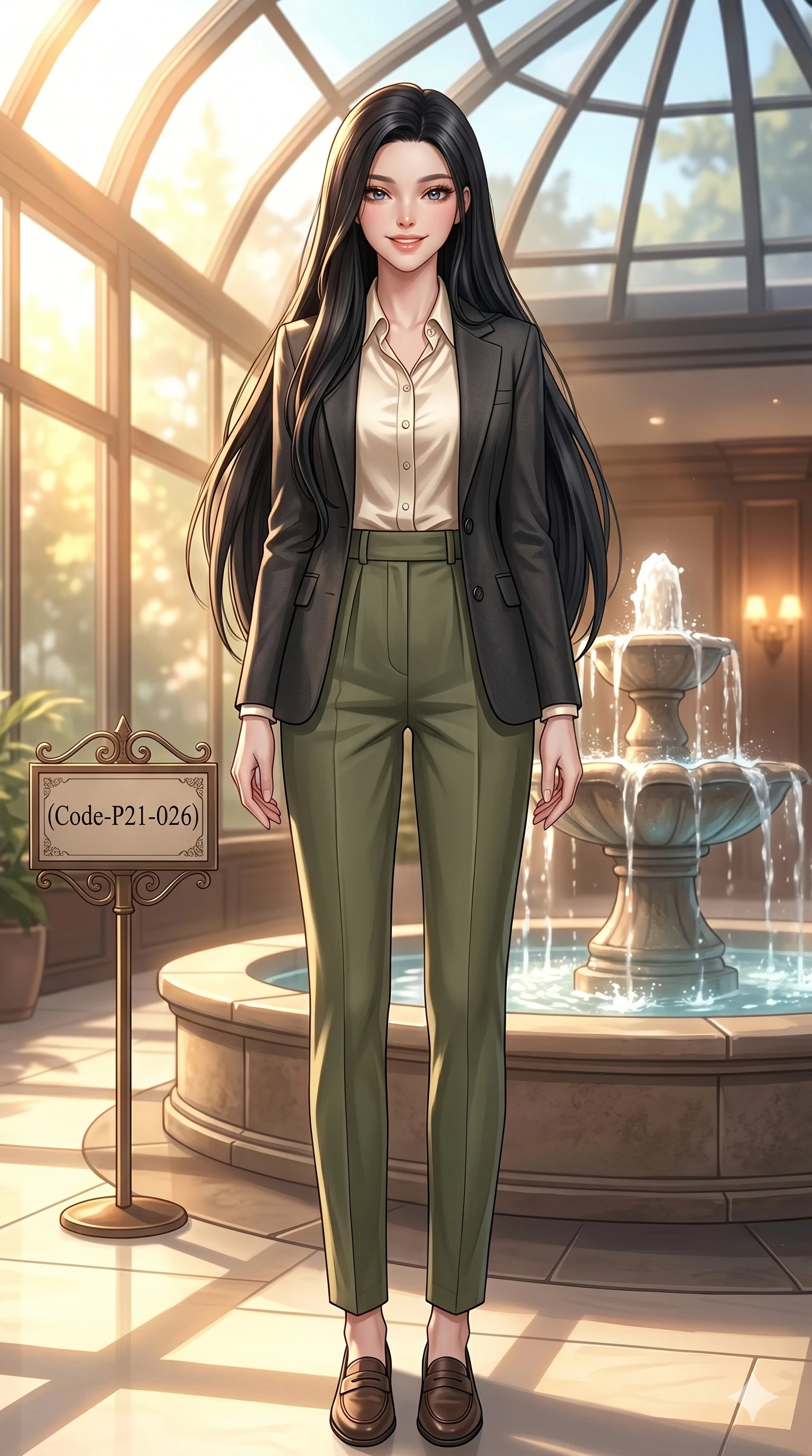score_9, masterpiece, best quality, ultra-detailed, high-budget anime keyframe, vibrant anime aesthetic, Korean woman. low angle full-body shot from head to toe showing her feet, filling the entire 9:16 vertical frame with her statuesque presence, stretching her vertical silhouette. She is posing with a warm, inviting smile, her eyes glowing with positive energy inside a luxury spa lobby with an indoor heated fountain and warm lights (Code-P21-026). She has an absolutely perfect 8-heads proportion, an exceptionally tall and slender female figure with impossibly long slender legs and an ultra-slim waist. V-shaped jawline, high-bridge nose, intricate jewel-like eyes with depth, thick eyelashes, glossy lips with a natural sheen. wearing a tailored suit jacket over a satin shirt and pleated trousers in winter. She is drenched in warm morning sunshine filtering through the conservatory glass, tracing her winter fit. 2k, ultra detail, master piece, 9:16 ratio