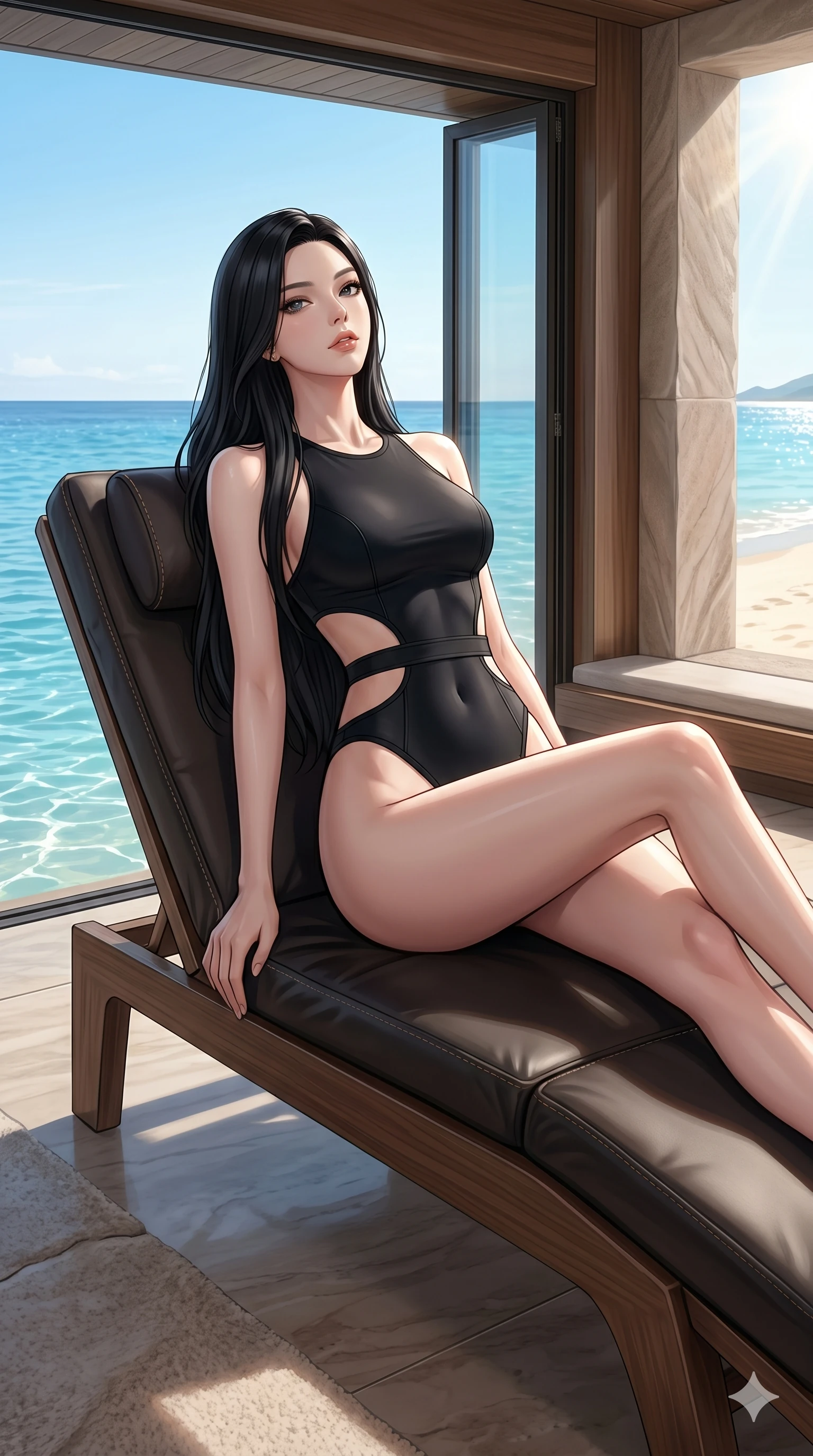 score_9, masterpiece, best quality, ultra-detailed, high-budget anime keyframe, editorial fashion photography, tasteful artistic composition, Korean woman. cowboy shot from the thighs up, character and outfit filling the frame for maximum editorial presence. leaning back on a leather lounge chair, tilting her chin up in a luxury beachside spa overlooking the clear blue sea (Code-P19-111). She has an absolutely perfect 8-heads proportion, an exceptionally tall and slender female figure with impossibly long slender legs and an ultra-slim waist. V-shaped jawline, high-bridge nose, intricate jewel-like eyes with depth, thick eyelashes, glossy lips with a natural sheen. wearing a neoprene swimsuit with high-cut legs and exposed waist. bright cinematic key light tracing the sleek contours of her athletic figure. 2k, ultra detail, master piece, 9:16 ratio