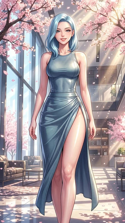 score_9, masterpiece, best quality, ultra-detailed, high-budget anime keyframe, vibrant anime aesthetic, Korean woman. cowboy shot from the thighs up, character and outfit filling the frame for maximum presence. She is standing under blooming trees, 
