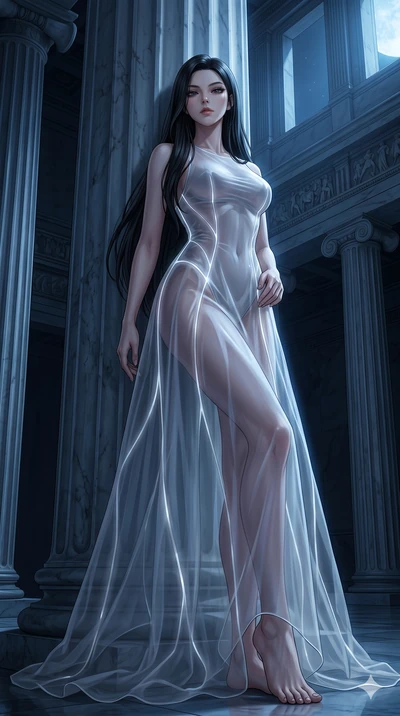 score_9, masterpiece, best quality, ultra-detailed, High-budget Anime Keyframe, East Asian woman. Low angle cowboy shot filling the entire 9:16 frame with her statuesque presence. Scenario 233: Leaning against a cold marble pillar in a moonlit greek 