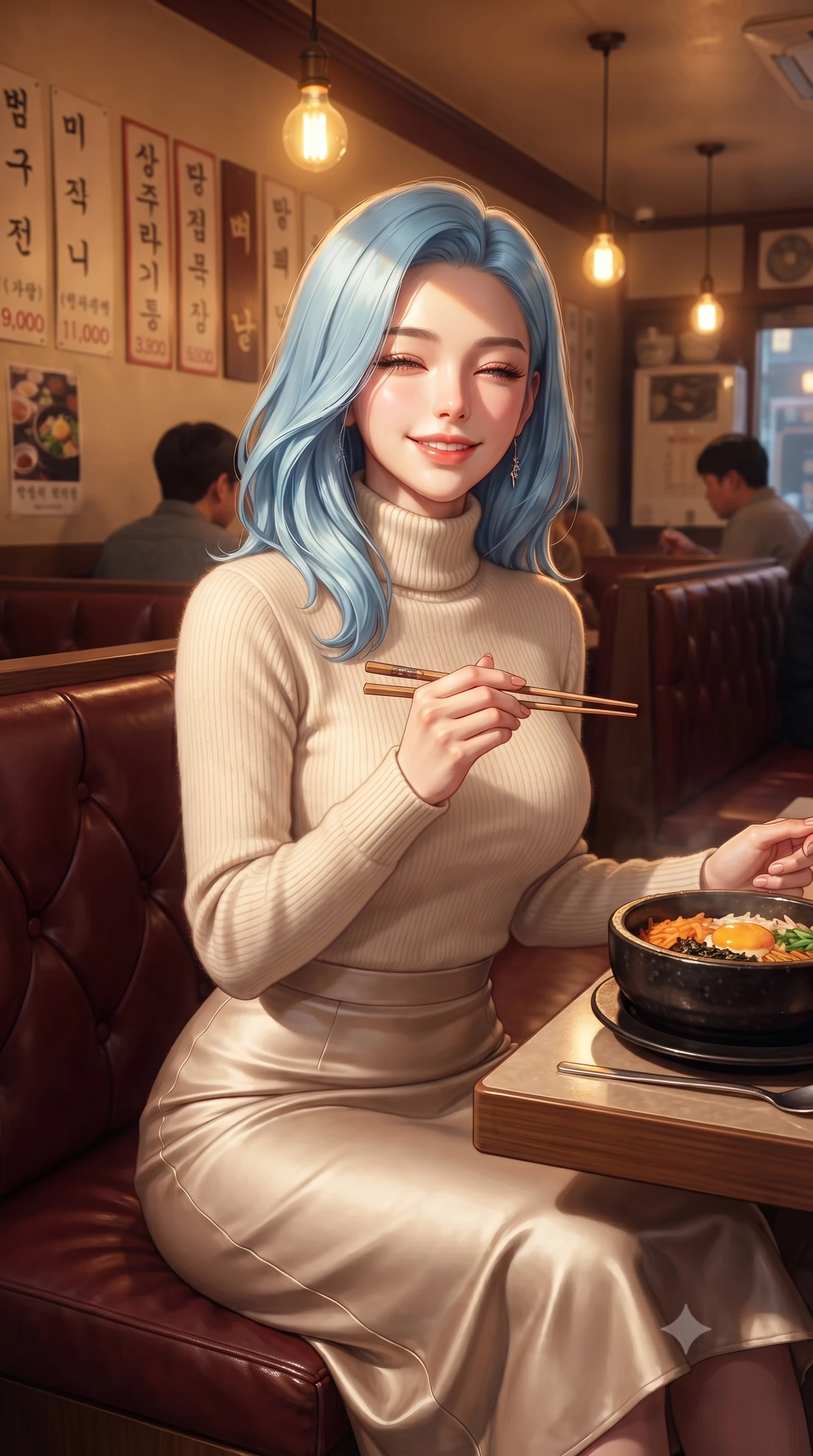 score_9, masterpiece, best quality, ultra-detailed, high-budget anime keyframe, editorial fashion photography, tasteful artistic composition, Korean woman. close-up cowboy shot from the waist and thighs up, the character dominates the composition, filling the frame with her large presence, background elements kept in soft focus. smiling happily with closed eyes, enjoying the warm sunbeams on her face set against a soft-focus background of in a cozy traditional diner corner with leather booths and vintage menus holding a pair of chopsticks with a cute, excited look before eating. She has an exceptionally elegant, slender, and willowy female figure with an ultra-slim waist, a gracefully sculpted slender torso, and a refined silhouette. sharp v-shaped jawline, high-bridge nose, intricate jewel-like eyes with depth, thick eyelashes, glossy lips with a natural sheen. wearing tailored cozy cashmere sweater in cream, paired with a satin midi skirt. warm golden lighting from hanging lightbulbs creating a cozy dinner mood. ultra-reflective glossy finish, specular highlights, metallic sheen, high-contrast stereoscopic depth, volumetric dynamic lighting, 2k, ultra detail, master piece, 9:16 ratio