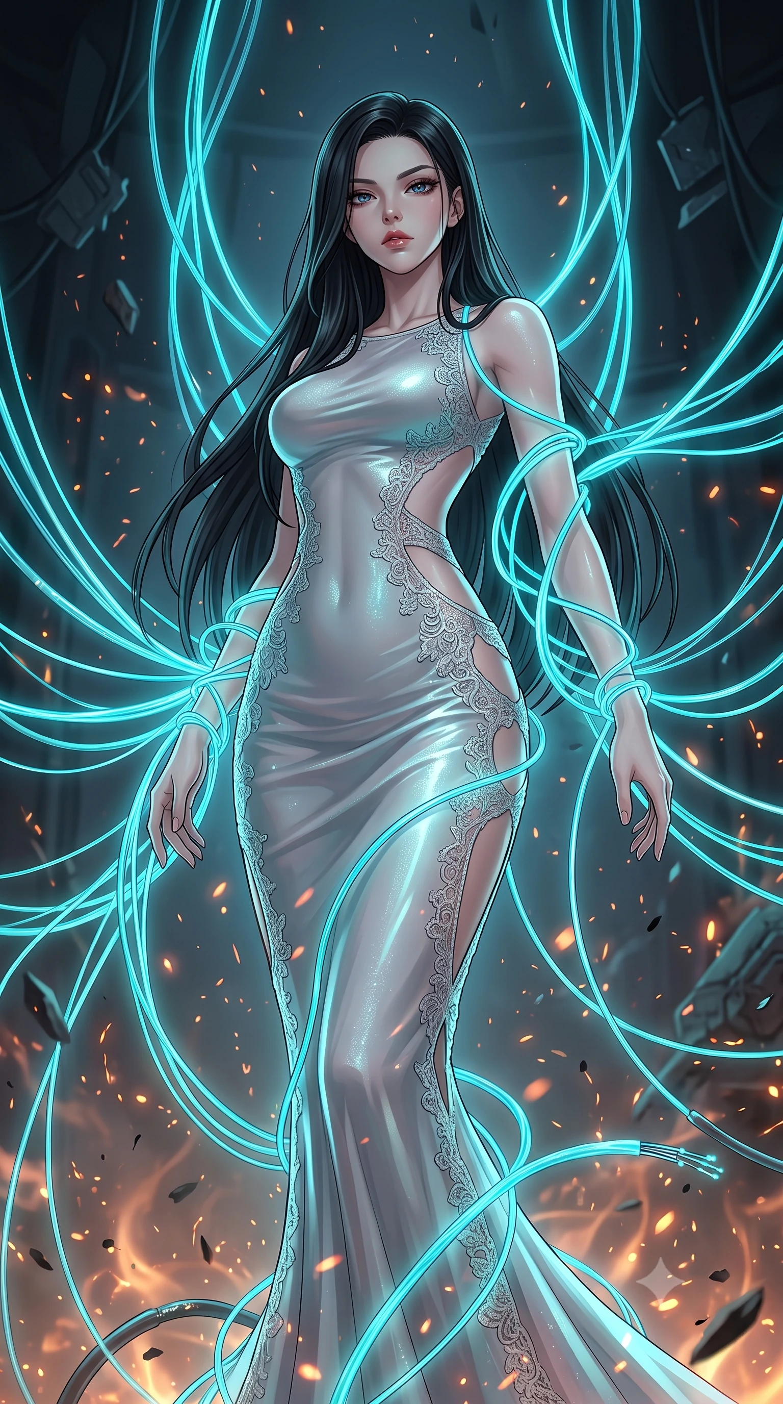 score_9, masterpiece, best quality, ultra-detailed, High-budget Anime Keyframe, East Asian woman. Low angle cowboy shot filling the entire 9:16 frame with her statuesque presence. Scenario 366: tangled in a web of glowing cyan fiber-optic cables inside a quiet chamber filled with glowing embers and floating ash particles. Her presence is magnetic and overpowering in this high-budget anime scene. Outfit 366: a slim-fit shimmering chiffon liquid with a strategic side cut-outs and delicate lace embroidery. The clothing is designed to emphasize her exceptionally tall and slender 8-heads proportion. 8-heads proportion, towering silhouette, ultra-slim waist. sharp v-shaped jawline, intricate jewel-like eyes with depth, thick eyelashes, glossy lips. 2k, ultra detail, master piece, 9:16 ratio
