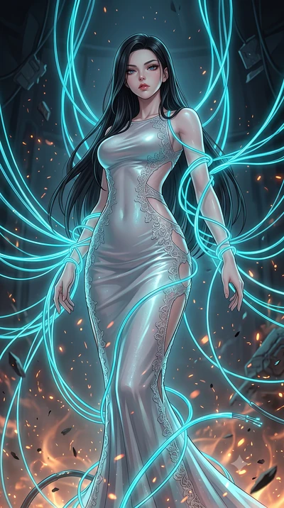 score_9, masterpiece, best quality, ultra-detailed, High-budget Anime Keyframe, East Asian woman. Low angle cowboy shot filling the entire 9:16 frame with her statuesque presence. Scenario 366: tangled in a web of glowing cyan fiber-optic cables insi
