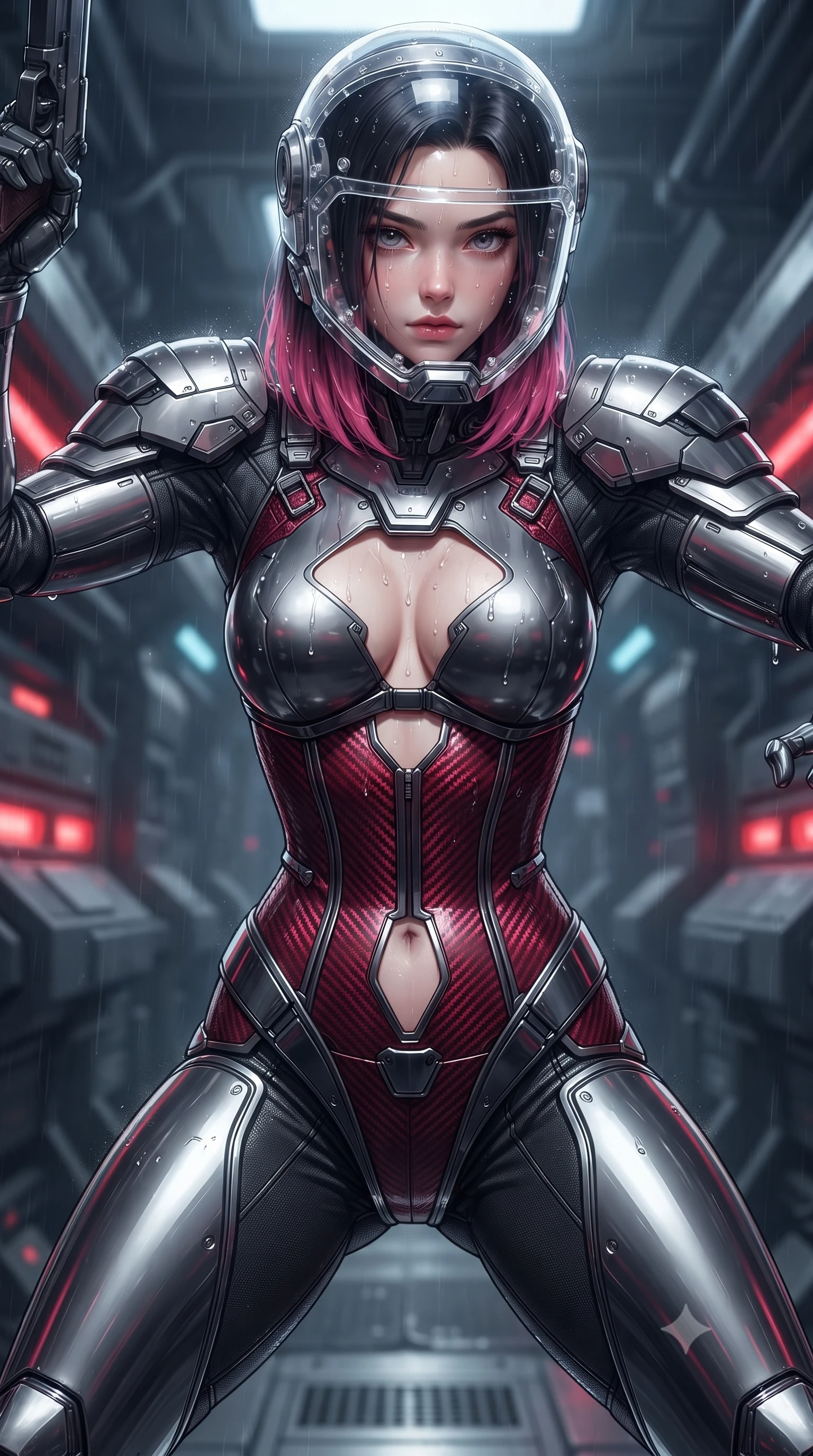 score_9, masterpiece, best quality, ultra-detailed, high-budget anime keyframe, editorial fashion photography, tasteful artistic composition, Korean woman. close-up cowboy shot from the waist and thighs up, the character dominates the composition, filling the frame with her large presence. tilting her head slightly with solemn warrior composure, sweat and rain glistening on her sculpted collarbones and high-bridge nose while sliding into the bunker command nexus with arms raised in fluid kinetic readiness, eyes scanning the shadows with lethal focus. The surrounding environment is rendered in vivid detail and crisp panoramic clarity. intricate carbon-titanium armor hinges, steam condensation beads, and emergency siren LEDs in high clarity. She has an exceptionally elegant, slender, and willowy female figure with an ultra-slim waist, a gracefully sculpted slender torso, toned flat midriff, and a refined slim silhouette. sharp v-shaped jawline, high-bridge nose, intricate jewel-like eyes with depth, thick eyelashes, glossy lips with a natural sheen, fierce and resolute heroine expression, flawlessly proportioned anatomical accuracy, strict slender model proportions, natural body alignment, perfectly sculpted long slender limbs, ultra-slim waistline, clean dynamic posture without body distortion. wearing a crystal-clear transparent armored riot-visor helmet showing her entire beautiful face and determined expression with pristine clarity, paired with a statuesque high-fashion cyber-warrior armor suit with platinum bevels, heavy articulated shoulder guards, and an ultra-slim waist-cinching corset in deep battle-scarred crimson carbon weave with specular dark chrome accents, crafted from ultra-strong woven carbon-fiber composite with battle-tested satin luster, finished with high-mobility flexible armor articulation seams and miniature magnetic locks, the precision-cut daring openings accentuating her delicate midriff, graceful bare collarbones, and ultra-slim feminine waistline. illuminated by sharp specular highlights tracing her ultra-slim waist, long legs, and sculpted armor plates. ultra-reflective glossy finish, specular highlights, dark metallic sheen, high-contrast stereoscopic depth, volumetric dynamic lighting, 2k, ultra detail, master piece, 9:16 ratio