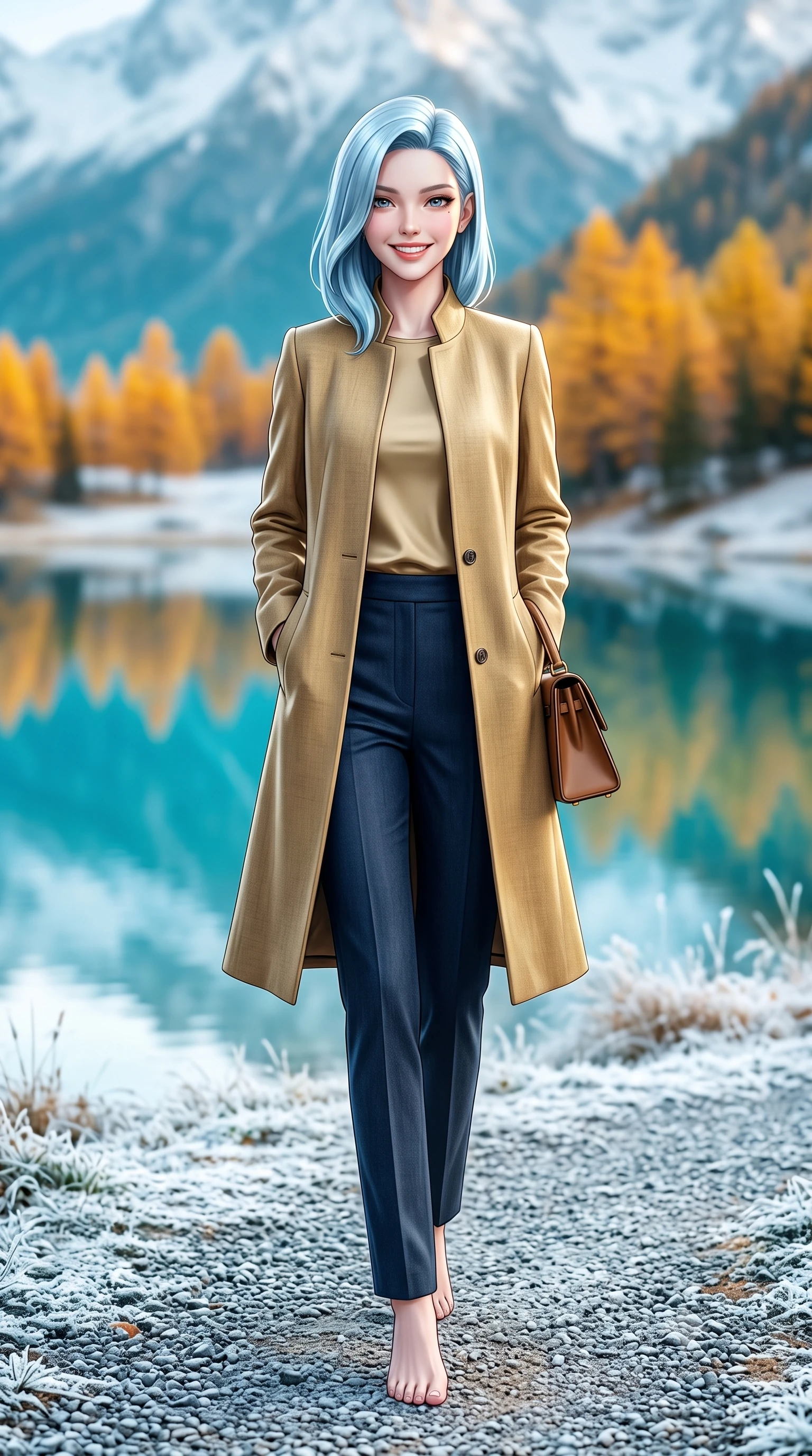 score_9, masterpiece, best quality, ultra-detailed, high-budget anime keyframe, semi-realistic 3D game render, editorial fashion photography, tasteful artistic composition, Korean woman. low angle full-body shot from head to toe showing her feet, filling the entire 9:16 vertical frame with her statuesque presence, stretching her vertical silhouette. standing tall and centered in the frame with hands tucked into her coat pockets, radiating statuesque poise and calm warmth while stepping forward with brisk, graceful strides on the frosted path, her long wool coat creating an impeccably slender vertical line. The background shows a soft-focus mirror-like turquoise lake reflecting snow peaks, blazing golden needle larch trees, and early morning shoreline frost blurred into turquoise, marigold, and frost white bokeh. She has an exceptionally tall and slender model-like 8.5-heads proportion, an ultra-slim waist, a flat toned midriff, narrow delicate ribcage, and beautifully sculpted feminine hips creating a graceful, slim hourglass silhouette without any bulky heaviness, with impossibly long slender legs. sharp v-shaped jawline, high-bridge nose, intricate jewel-like sparkling eyes with depth, thick eyelashes, glossy parted lips with a natural peach sheen, bright cheerful beaming smile with an enchanting and coquettish sensual glint, exuding both youthful cute charm and seductive allure, flawlessly proportioned anatomical accuracy, strict slender model proportions, natural body alignment, perfectly sculpted long slender limbs, ultra-slim waistline, clean dynamic posture without body distortion. wearing a stand-collar tailored linen-silk coat layered over a minimalist silk tunic and straight-leg pressed trousers in Ginza vintage brass gold and midnight navy, made of luxurious brushed wool flannel with rich textural depth and clean structure, finished with a structured leather top-handle mini bag resting gracefully at her side, the precision-cut high-waisted tailoring accentuating her ultra-slim waist and long slender leg line with immaculate aristocratic poise. illuminated by frosted ground bounce and sharp crystalline rim lights defining her features, narrow waist, and statuesque height. highly saturated vibrant anime colors, detailed shading with soft gradients, rich glossy textures, high-contrast stereoscopic depth, volumetric dynamic lighting, master piece, 9:16 ratio