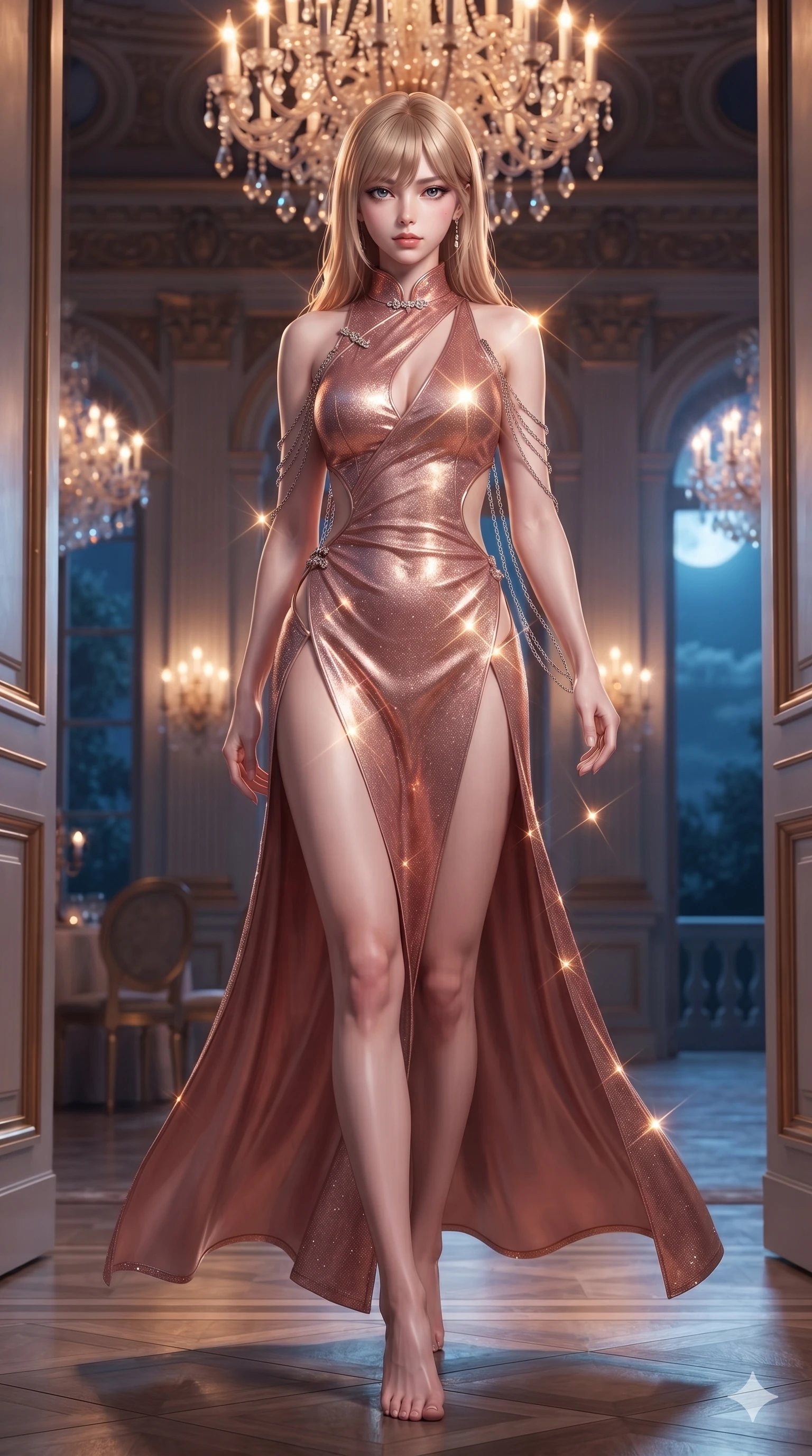 score_9, masterpiece, best quality, ultra-detailed, high-budget anime keyframe, editorial fashion photography, tasteful artistic composition, Japanese woman. low angle full-body shot from head to toe showing her feet, filling the entire 9:16 vertical frame with her statuesque presence, stretching her vertical silhouette. stepping slowly toward the camera with hypnotic grace, hips swaying in an alluring sensual rhythm that accentuates her curvy hourglass silhouette and long slender legs while standing poised at the threshold between the illuminated grand ballroom and the midnight terrace, arching her spine with sovereign glamour as crystal chandeliers sparkle above. The surrounding environment is rendered in vivid detail and crisp panoramic clarity: intricate peplum corset tailoring, sheer power-mesh panels, and opulent European palace interiors in razor-sharp precision. She has an exceptionally tall and slender model-like 8.5-heads proportion, an ultra-slim waist, a flat toned midriff, narrow delicate ribcage, and beautifully sculpted feminine hips creating a graceful, slim hourglass silhouette without any bulky heaviness, with impossibly long slender legs. sharp v-shaped jawline, high-bridge nose, intricate jewel-like sparkling eyes with depth, thick eyelashes, glossy parted lips with a natural sheen, intensely captivating and seductive bedroom-eyes expression, exuding both youthful cute charm and sovereign luxury allure, flawlessly proportioned anatomical accuracy, strict slender model proportions, natural body alignment, perfectly sculpted long slender limbs, ultra-slim waistline, clean dynamic posture without body distortion. wearing an alluring high-slit wrap cheongsam secured by miniature jeweled clasps and revealing the curve of her hip in rose-quartz blush and burnished copper, woven from stretch metallic lurex jersey casting radiant starlight glints across her curves, accented with an open-back drape framed by falling strands of delicate chrome chains, the precision-cut side openings and low-back scoop framing her graceful spine and the sensual sweep of her slim, toned hips. bathed in the warm, sparkling amber-crystal brilliance of interior Murano chandeliers contrasting with cool midnight blue moonlight outside. ultra-reflective glossy finish, specular highlights, rich textural contrasts, high-contrast stereoscopic depth, volumetric dynamic lighting, 2k, ultra detail, master piece, 9:16 ratio