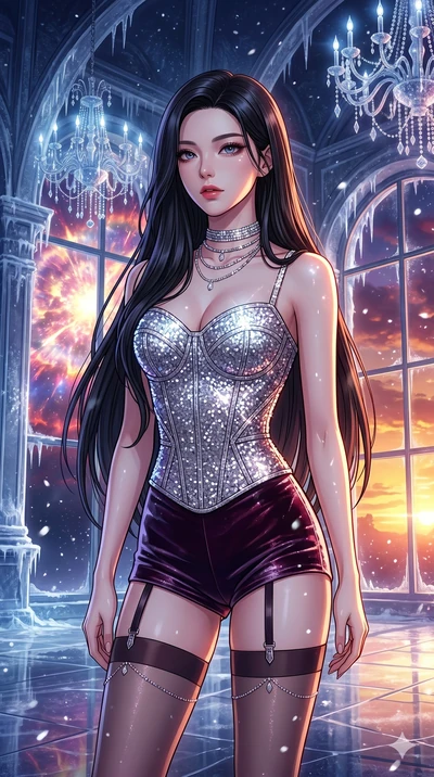 score_9, masterpiece, best quality, ultra-detailed, high-budget anime movie keyframe, cinematic anime lighting, intricate line art, Korean woman. Upper body filling screen focusing on her alluring features and slim-fit silhouette. observing a superno