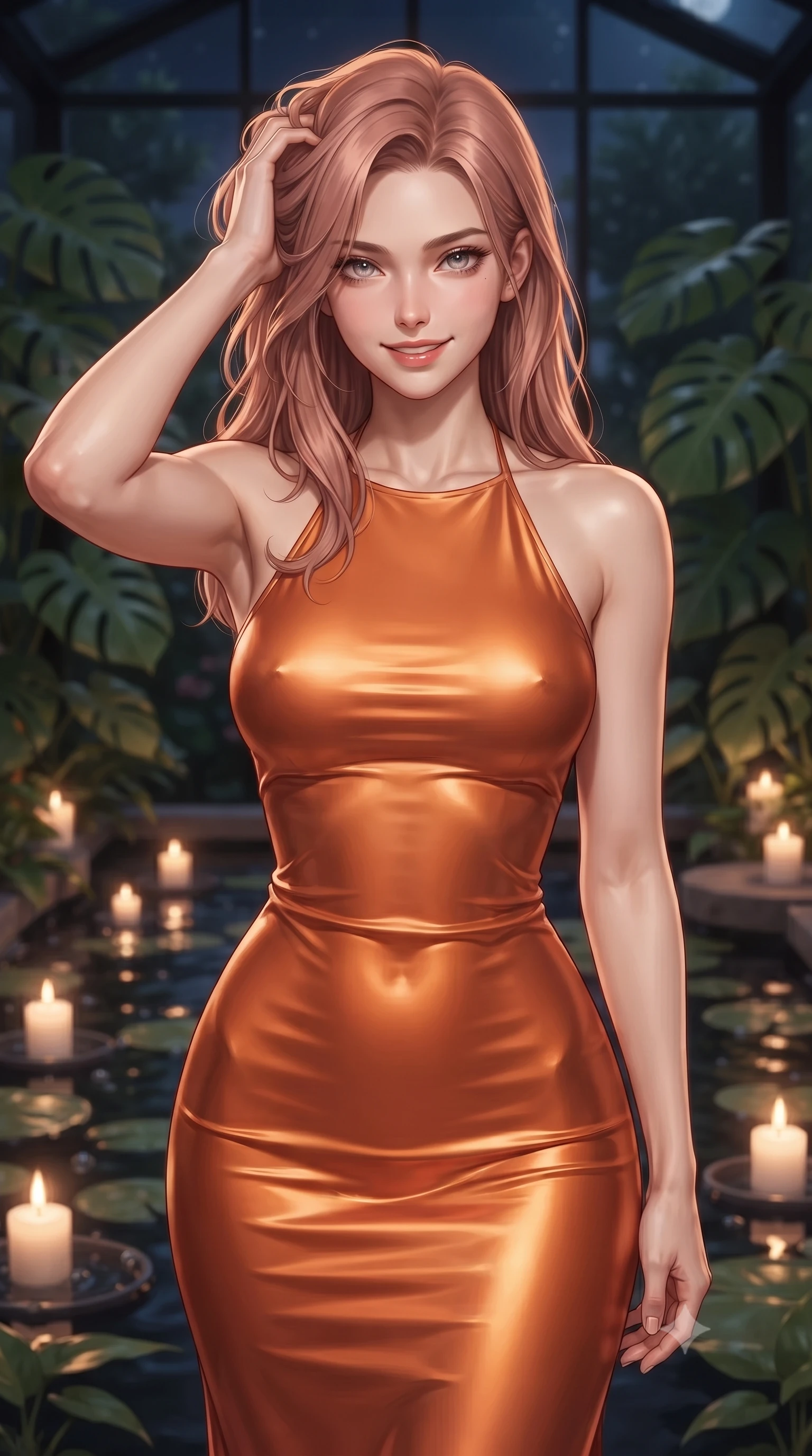 score_9, masterpiece, best quality, ultra-detailed, high-budget anime keyframe, editorial fashion photography, tasteful artistic composition, Japanese woman. close-up cowboy shot from the waist and thighs up, the character dominates the composition, filling the frame with her large presence, background elements kept in soft focus. smiling with quiet, magnetic self-assurance directly into the camera, running a hand through her hair the background shows a soft-focus a modern greenhouse loft surrounded by rare Monstera plants and floating candlelit ponds. She has an exceptionally elegant, slender, and willowy female figure with an ultra-slim waist, a gracefully sculpted slender torso, and a refined silhouette. sharp v-shaped jawline, high-bridge nose, intricate jewel-like eyes with depth, thick eyelashes, glossy lips with a natural sheen. wearing a body-hugging form-fitting liquid silk halter-neck maxi dress in sunset orange, draped elegantly to highlight her slender frame. soft flickering candle glow refracting through water droplets. ultra-reflective glossy finish, specular highlights, metallic sheen, high-contrast stereoscopic depth, volumetric dynamic lighting, 2k, ultra detail, master piece, 9:16 ratio