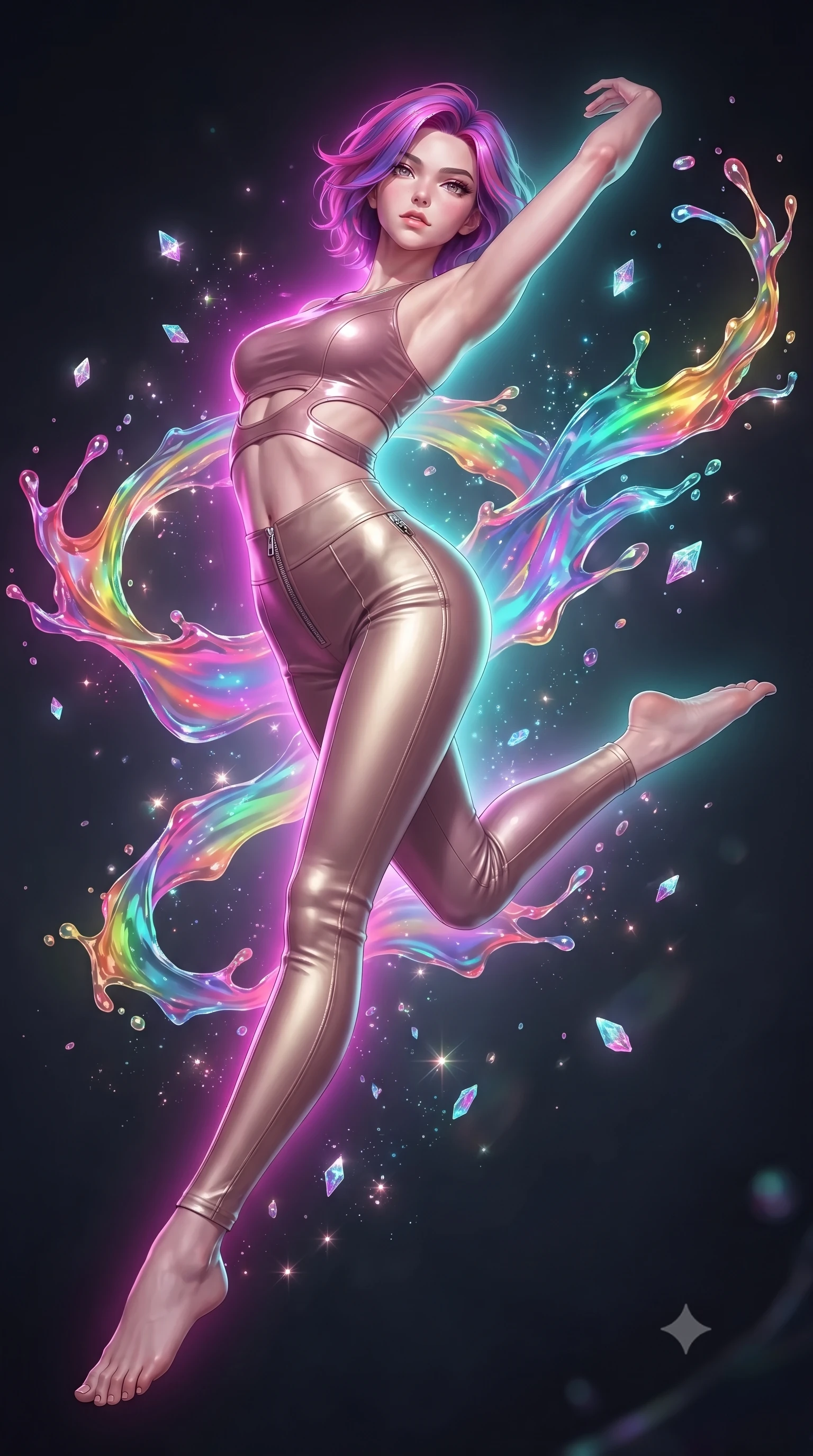score_9, masterpiece, best quality, ultra-detailed, high-budget anime keyframe, editorial fashion photography, tasteful artistic composition, Caucasian woman. low angle full-body shot from head to toe showing her feet, filling the entire 9:16 vertical frame with her statuesque presence, stretching her vertical silhouette. performing an athletic mid-air rotation with flawless poise, her vertical silhouette beautifully stretched while performing a dynamic mid-air rotation amidst swirling rainbow liquid acrylic splashes, glowing crystalline dust motes sparkling dynamically in the surrounding dark space. She has an absolutely perfect, statuesque 8.5-heads proportion, an exceptionally tall and slender model-like female figure with impossibly long slender legs and an ultra-slim waist. sharp v-shaped jawline, high-bridge nose, intricate jewel-like eyes with depth, thick eyelashes, glossy lips with a natural sheen, flawlessly proportioned anatomical accuracy, natural body alignment, perfectly sculpted elegant limbs, clean dynamic posture without body distortion. wearing a glossy vinyl crop top and high-waist tailored leggings with sleek zippers in dusty rose and champagne gold, crafted from smooth liquid silk, featuring clean architectural cutouts along her slender torso, the tailored fabric tightly following every curve of her athletic build. surrounded by a radiant aura of neon magenta and turquoise fluid highlights. ultra-reflective glossy finish, specular highlights, metallic sheen, high-contrast stereoscopic depth, volumetric dynamic lighting, 2k, ultra detail, master piece, 9:16 ratio