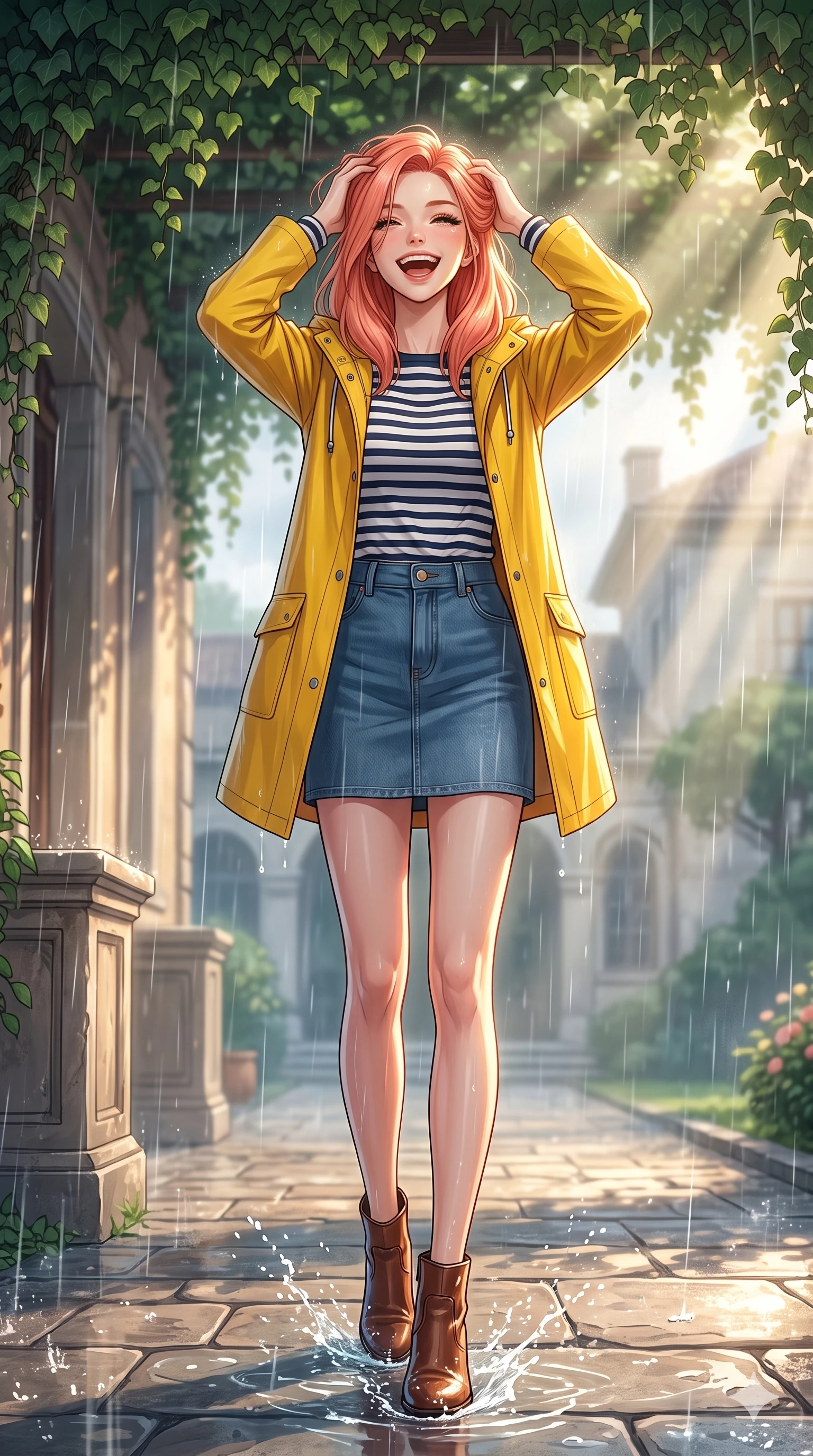 score_9, masterpiece, best quality, ultra-detailed, high-budget anime keyframe, vibrant anime aesthetic, Japanese woman. low angle full-body shot from head to toe showing her feet, filling the entire 9:16 vertical frame with her statuesque presence, stretching her vertical silhouette. She is laughing happily while running her fingers through her hair in the rain, with her eyes bright and full of life surrounded by fresh morning mist. on a stone terrace of a classic villa under a leafy ivy canopy, during a warm summer rain shower (Code-P22-022). She has an absolutely perfect 8-heads proportion, an exceptionally tall and slender female figure with impossibly long slender legs and an ultra-slim waist. V-shaped jawline, high-bridge nose, intricate jewel-like eyes with depth, thick eyelashes, glossy lips with a natural sheen. wearing a bright yellow raincoat over a striped long-sleeve shirt and denim skirt with stylish boots. She is bathed in volumetric morning sunbeams piercing through rain clouds, accentuating her slender silhouette during a refreshing sun shower. 2k, ultra detail, master piece, 9:16 ratio