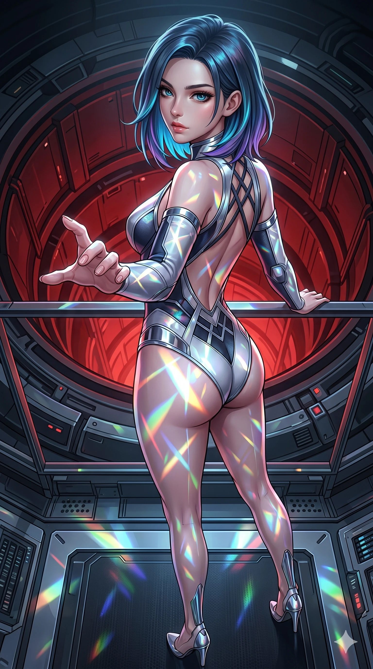 score_9, masterpiece, best quality, ultra-detailed, high-budget anime keyframe, editorial fashion photography, tasteful artistic composition, Caucasian woman, strictly human ears. cowboy shot from the thighs up, character and outfit filling the frame for maximum editorial presence. Reaching one hand toward the viewer with relaxed elegance, her fingers softly bent on a high-tech platform overlooking a deep circular ventilation shaft with red lighting. She has an absolutely perfect 8-heads proportion, an exceptionally tall and slender female figure with impossibly long slender legs and an ultra-slim waist. V-shaped jawline, high-bridge nose, intricate jewel-like eyes with depth, thick eyelashes, glossy lips with a natural sheen. wearing a precision-fitted chrome-accented bodysuit with detatched sleeves and an open-back criss-cross design. lit by mirror-reflected prismatic spotlights, creating geometric light patterns across her body. 2k, ultra detail, master piece, 9:16 ratio