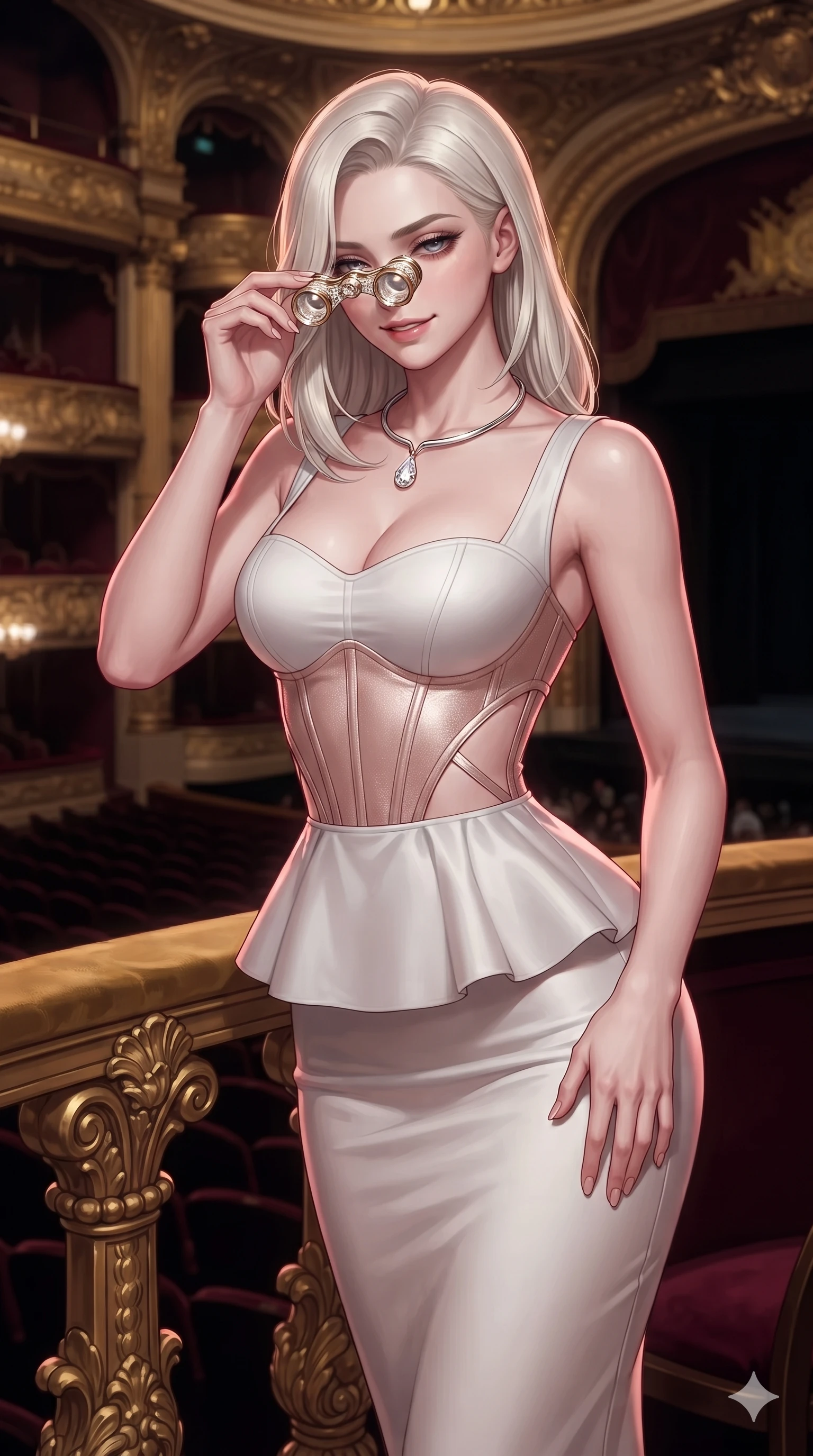 score_9, masterpiece, best quality, ultra-detailed, high-budget anime keyframe, editorial fashion photography, tasteful artistic composition, Caucasian woman. close-up cowboy shot from the waist and thighs up, the character dominates the composition, filling the frame with her large presence. tilting her head with a teasing half-smile, running one hand slowly down the side of her hip in a flirtatious S-curve as ambient light caresses her silhouette while leaning against the carved gold balustrade with hips cocked back, looking through crystal opera glasses with heavy-lidded seductive bedroom-eyes. The surrounding environment is rendered in vivid detail and crisp panoramic clarity: intricate backless halterneck tailoring, liquid-silk fabric drape, and historic opera architecture in razor-sharp precision. She has an exceptionally elegant, slender, and willowy female figure with an ultra-slim waist, flat toned midriff, narrow ribcage, and sculpted feminine hips creating an alluring, slim hourglass silhouette without bulk. sharp v-shaped jawline, high-bridge nose, intricate jewel-like sparkling eyes with depth, thick eyelashes, glossy parted lips with a natural sheen, intensely captivating and seductive bedroom-eyes expression, exuding both youthful cute charm and sovereign luxury allure, flawlessly proportioned anatomical accuracy, strict slender model proportions, natural body alignment, perfectly sculpted long slender limbs, ultra-slim waistline, clean dynamic posture without body distortion. wearing a modern peplum corset dress with side-waist diamond cutouts and an ultra-tight silhouette in celestial porcelain white and rose-gold, tailored from heavy double-faced silk georgette with an exceptionally fluid drape, finished with a minimalist chrome choker and a single teardrop diamond pendant, the bespoke structured tailoring following the natural line of her 8.5-heads silhouette with refined elegance. illuminated by velvet loge bounce and sharp gold-crimson rim lights defining her razor-sharp jawline, narrow waist, and curvy hips. ultra-reflective glossy finish, specular highlights, rich textural contrasts, high-contrast stereoscopic depth, volumetric dynamic lighting, 2k, ultra detail, master piece, 9:16 ratio