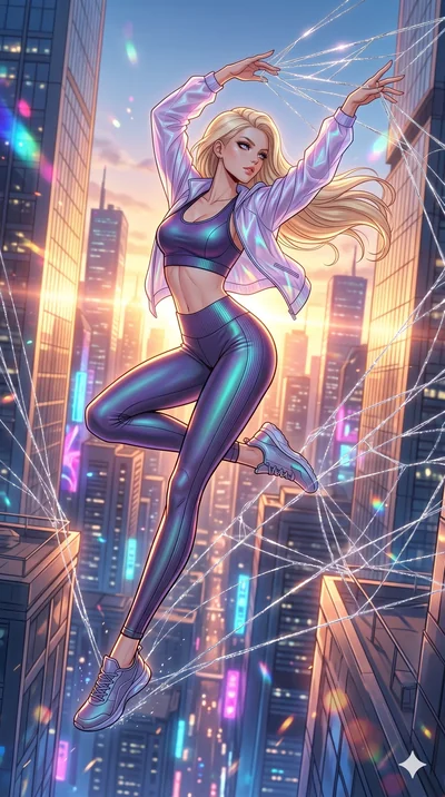 score_9, masterpiece, best quality, ultra-detailed, high-budget anime movie keyframe, cinematic anime lighting, intricate line art, Korean woman. Mid-air action shot capturing a graceful twist and vertical silhouette. weaving a web of silver threads 