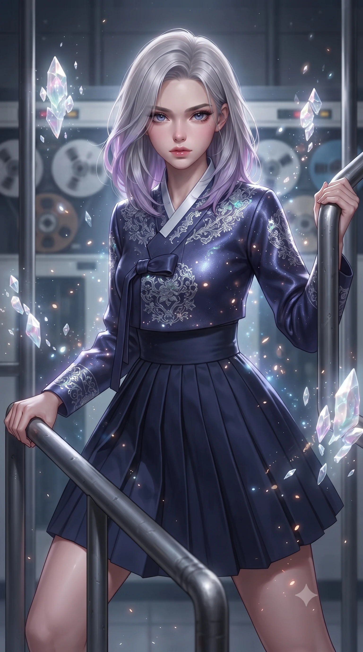 score_9, masterpiece, best quality, ultra-detailed, high-budget anime keyframe, editorial fashion photography, tasteful artistic composition, realistic cosplay photography, Caucasian woman, strictly human ears. close-up cowboy shot from the waist and thighs up, the character dominates the composition, filling the frame with her large presence, background elements kept in soft focus. Bracing against the hull decompression wind, her expression resolute and hand gripping a metal safety rail. set against a soft-focus background of a secure vault room containing old physical data tape drives, tape reels spinning slowly behind security bars. She has an exceptionally elegant and slender, willowy female figure with an ultra-slim waist, a gracefully sculpted slender torso, and a refined slim physique. sharp v-shaped jawline, high-bridge nose, intricate jewel-like eyes with depth, thick eyelashes, glossy lips with a natural sheen. wearing catching and diffusing the glowing particles, shimmering softly in response to the surrounding light, a tailored modernized cyber-hanbok featuring a dark indigo blue tech-silk jeogori with neon silver embroidery, over a high-waisted pleated navy midi skirt. ethereal pearlescent light emanating from floating crystalline formations all around. ultra-reflective glossy finish, specular highlights, metallic sheen, high-contrast stereoscopic depth, volumetric dynamic lighting, 2k, ultra detail, master piece, 9:16 ratio