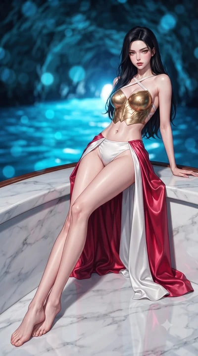 score_9, masterpiece, best quality, ultra-detailed, high-budget anime keyframe, editorial fashion photography, tasteful artistic composition, Korean woman. low angle full-body shot from head to toe showing her feet, filling the entire 9:16 vertical f
