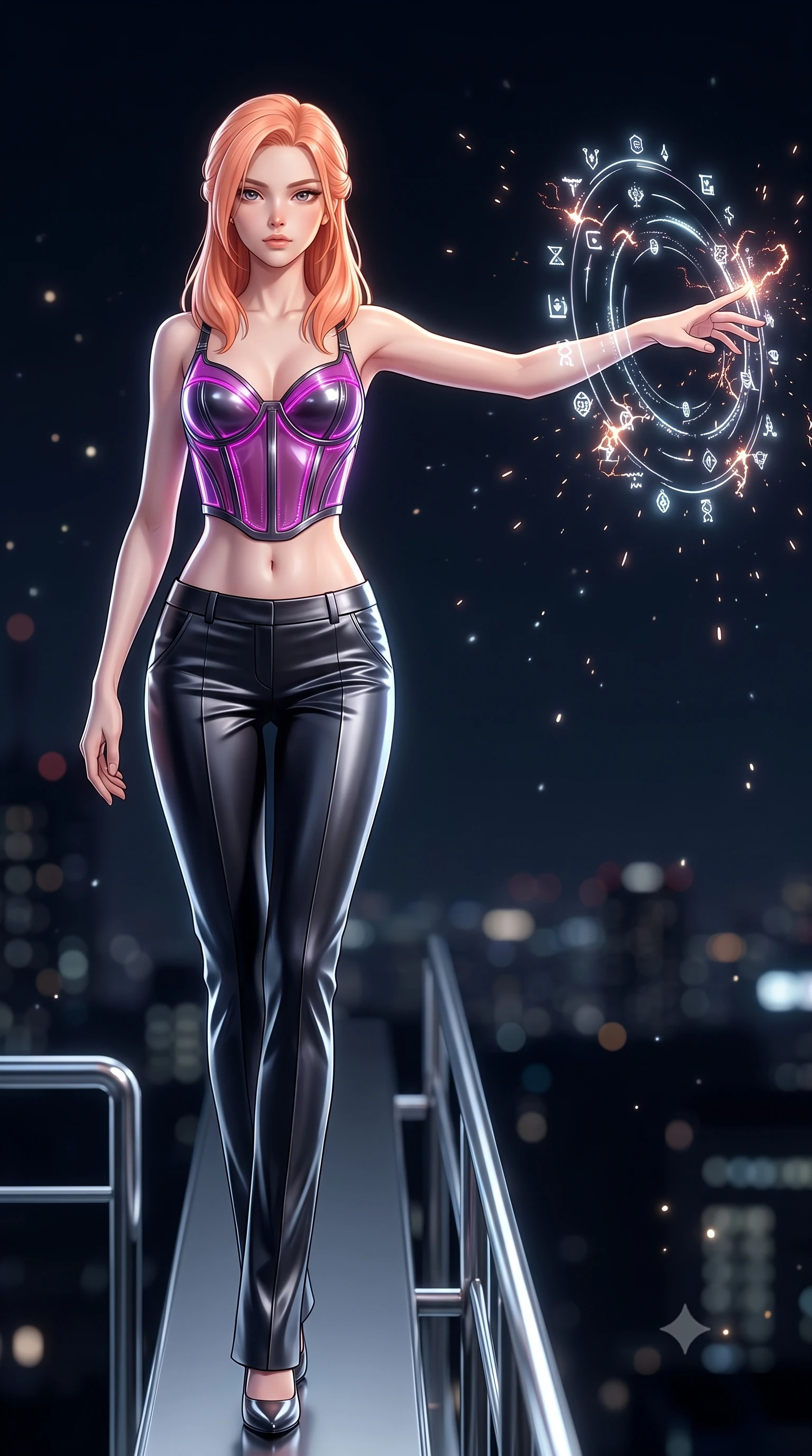 score_9, masterpiece, best quality, ultra-detailed, high-budget anime keyframe, editorial fashion photography, tasteful artistic composition, Japanese woman. close-up cowboy shot from the waist and thighs up, the character dominates the composition, filling the frame with her large presence. extending one arm gracefully as floating holographic glyphs and nano-crystals orbit her fingertips with sovereign power while stepping along a narrow chrome gantry extending into the open night air with commanding supermodel grace. The composition keeps background elements in soft focus with creamy bokeh. crackling plasma sparks scattering subtle glowing light motes across a dark nocturnal backdrop. She has an exceptionally elegant, slender, and willowy female figure with an ultra-slim waist, a gracefully sculpted slender torso, toned flat midriff, and a refined slim silhouette. sharp v-shaped jawline, high-bridge nose, intricate jewel-like eyes with depth, thick eyelashes, glossy lips with a natural sheen, flawlessly proportioned anatomical accuracy, strict slender model proportions, natural body alignment, perfectly sculpted long slender limbs, ultra-slim waistline, clean dynamic posture without body distortion. wearing a structured translucent cyber-corset paired with tailored high-fashion satin trousers that sharply cinch her ultra-slim waist in vibrant electric magenta and ultra-reflective dark titanium, tailored from semi-translucent cybernetic vinyl with glowing micro-filaments, accented with glowing fiber-optic seams tracing her collarbones and hip curves, the form-contouring material adhering flawlessly to her sculpted flat midriff and slender torso, emphasizing her long leg lines and perfectly proportioned willowy build. illuminated by crisp white key lighting with sharp specular highlights tracing her ultra-slim waist and long legs. ultra-reflective glossy finish, specular highlights, dark metallic sheen, high-contrast stereoscopic depth, volumetric dynamic lighting, 2k, ultra detail, master piece, 9:16 ratio