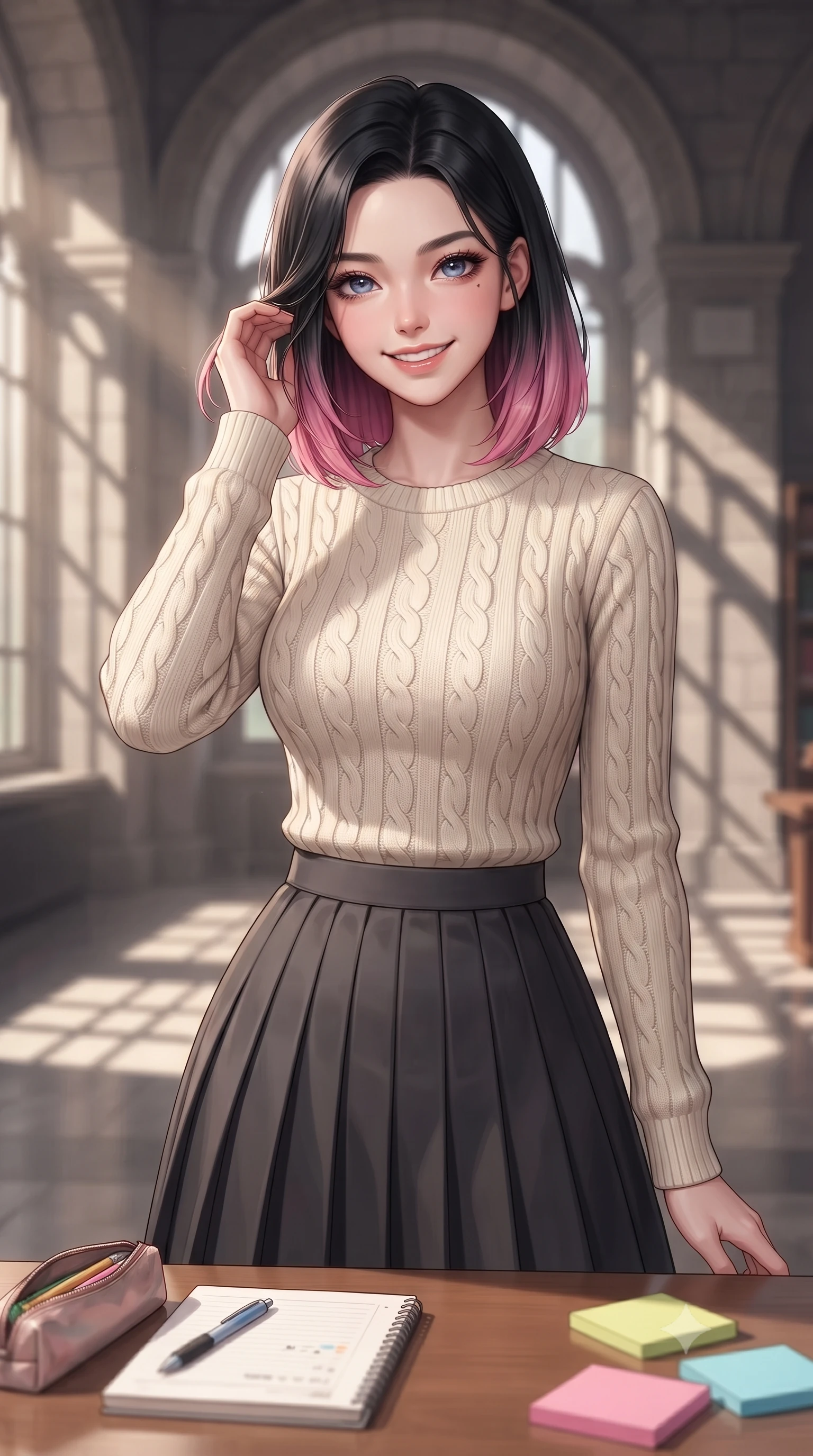score_9, masterpiece, best quality, ultra-detailed, high-budget anime keyframe, editorial fashion photography, tasteful artistic composition, Korean woman. close-up cowboy shot from the waist and thighs up, the character dominates the composition, filling the frame with her large presence, background elements kept in soft focus. smiling cutely while gently brushing a strand of hair behind her ear set against a soft-focus background of inside a historic municipal library room with arched stone windows with a cute notebook, a pencil case, and colorful sticky notes on the table. She has an exceptionally elegant, slender, and willowy female figure with an ultra-slim waist, a gracefully sculpted slender torso, and a refined silhouette. sharp v-shaped jawline, high-bridge nose, intricate jewel-like eyes with depth, thick eyelashes, glossy lips with a natural sheen. wearing form-contouring preppy cable-knit sweater in cream, paired with a pleated midi skirt in charcoal. soft morning sunbeams casting long shadows of window frames on the floor. ultra-reflective glossy finish, specular highlights, metallic sheen, high-contrast stereoscopic depth, volumetric dynamic lighting, 2k, ultra detail, master piece, 9:16 ratio