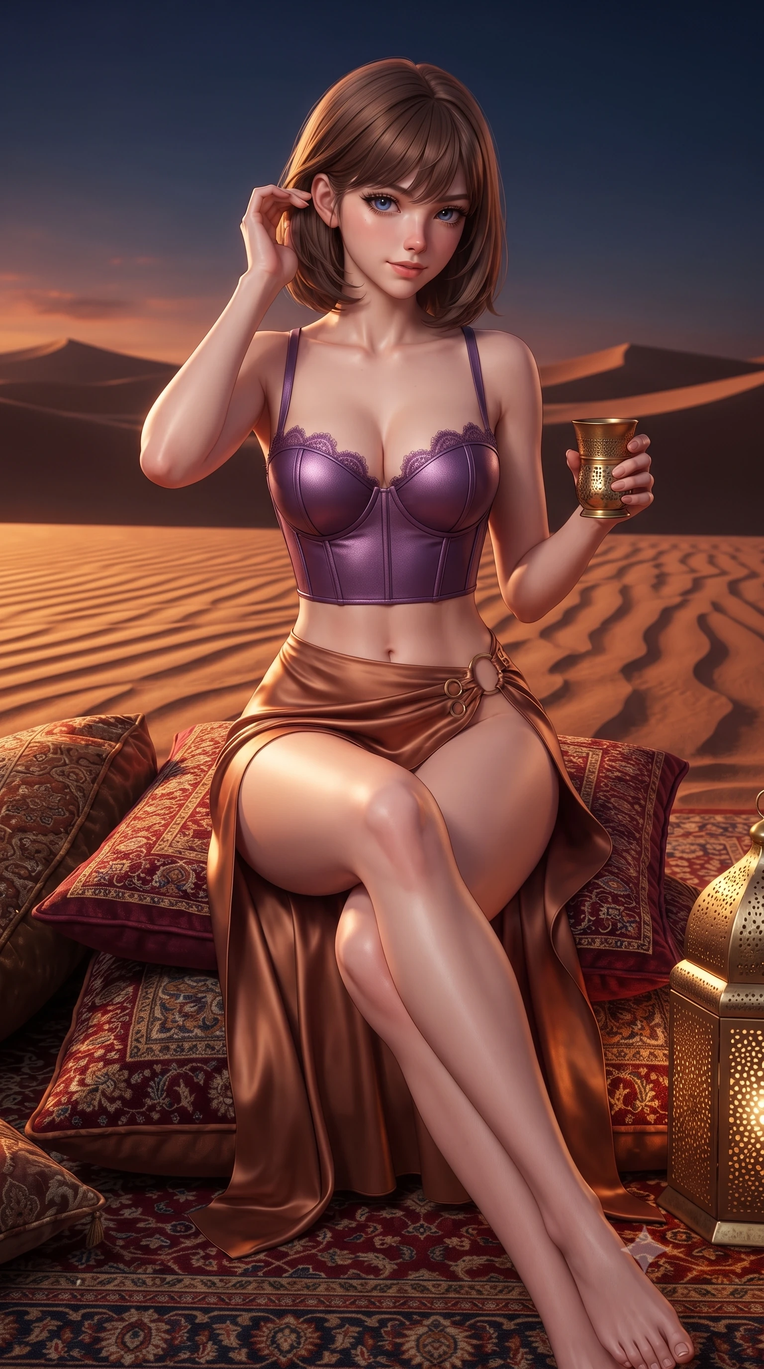 score_9, masterpiece, best quality, ultra-detailed, high-budget anime keyframe, editorial fashion photography, tasteful artistic composition, Caucasian woman. close-up cowboy shot from the waist and thighs up, the character dominates the composition, filling the frame with her large presence. gently brushing a lock of hair behind her ear while casting a playful, flirtatious side-gaze with long eyelashes while sitting gracefully on the luxurious floor cushions with legs crossed, holding a brass tea glass with captivating, parted-lip charm. The surrounding environment is rendered in vivid detail and crisp panoramic clarity: sharp wind-rippled sand dune crests, hand-knotted Persian carpet pile, and hammered brass lantern perforations in deep focus. She has an exceptionally elegant, slender, and willowy female figure with an ultra-slim waist, flat toned midriff, narrow ribcage, and sculpted feminine hips creating an alluring, slim hourglass silhouette without bulk. sharp v-shaped jawline, high-bridge nose, intricate jewel-like sparkling eyes with depth, thick eyelashes, glossy parted lips with a natural peach sheen, bright cheerful beaming smile with an enchanting and coquettish sensual glint, exuding both youthful cute charm and seductive allure, flawlessly proportioned anatomical accuracy, strict slender model proportions, natural body alignment, perfectly sculpted long slender limbs, ultra-slim waistline, clean dynamic posture without body distortion. wearing a sculpted leatherette underwire bustier paired with a high-slit silk satin wrap skirt with gold ring hardware in Mirage sunset amethyst purple and warm bronze, crafted from fluid liquid silk satin that clings smoothly to her narrow waist and rounded hips with a dewy sheen, finished with scalloped eyelash lace trim framing her sweetheart neckline with intimate elegance, the precision-cut side openings and low-back scoop framing her graceful spine and the sensual sweep of her slim, toned hips. illuminated by red sand reflection bounce and sharp copper-gold rim lights sculpting her cheekbones, flat midriff, and slender waist. ultra-reflective glossy finish, specular highlights, rich textural contrasts, high-contrast stereoscopic depth, volumetric dynamic lighting, 2k, ultra detail, master piece, 9:16 ratio