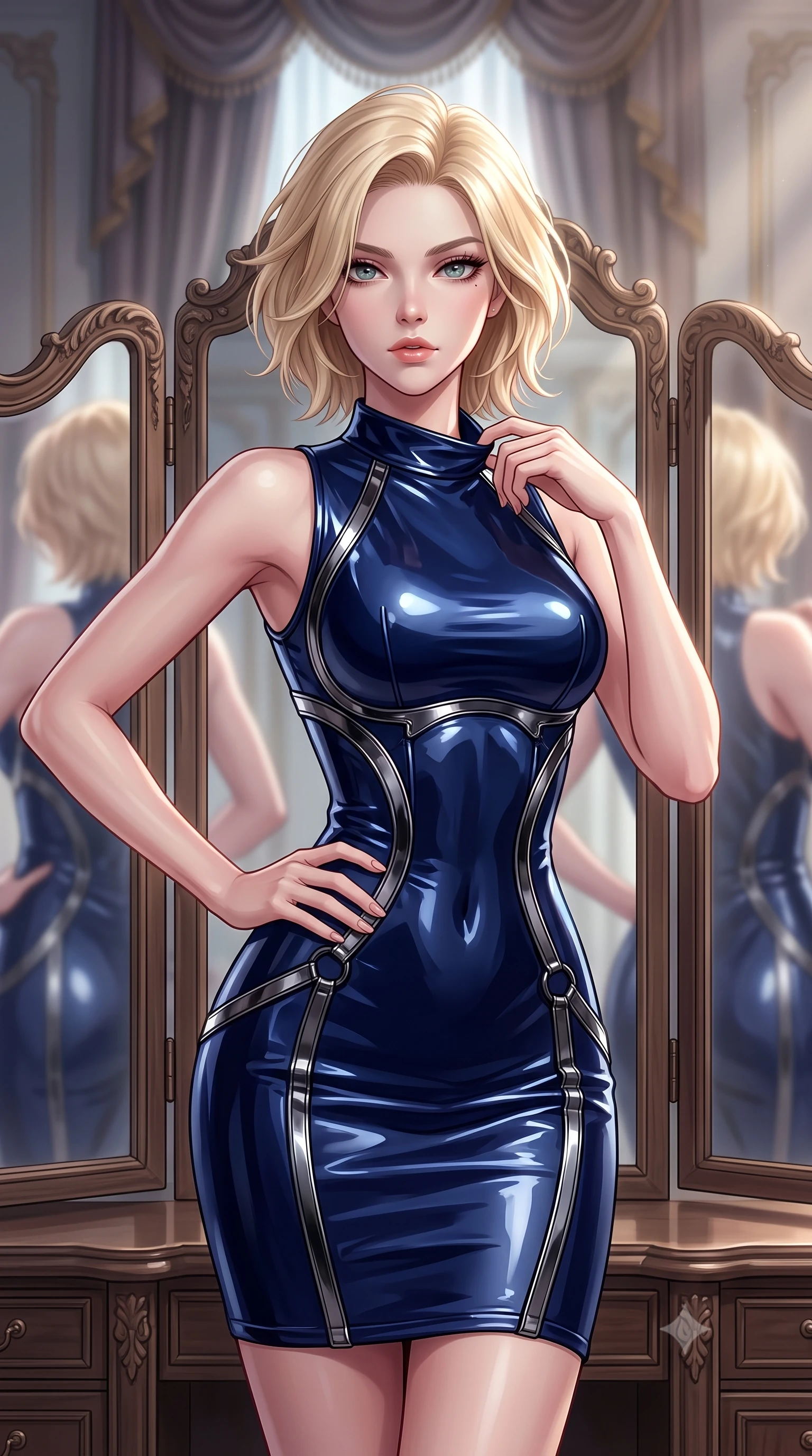 score_9, masterpiece, best quality, ultra-detailed, high-budget anime keyframe, editorial fashion photography, tasteful artistic composition, Caucasian woman. close-up cowboy shot from the waist and thighs up, the character dominates the composition, filling the frame with her large presence, background elements kept in soft focus. Holding a confident power pose with one hand on her hip, adjusting her outfit before an antique trifold dressing mirror, exclusive high-fashion editorial atmosphere. She has an exceptionally elegant, slender, and willowy female figure with an ultra-slim waist, a gracefully sculpted slender torso, and a refined silhouette. sharp v-shaped jawline, high-bridge nose, intricate jewel-like eyes with depth, thick eyelashes, glossy lips with a natural sheen. wearing precision-fitted bodycon dress in high-gloss liquid vinyl in midnight navy blue, made of sculpted obsidian metallic chrome, trimmed with dark chrome ring hardware along the waist contours, highlighting her statuesque proportions and ultra-slim waistline. lit by bright key rays highlighting her composed facial features. highly saturated vibrant anime colors, detailed shading with soft gradients, rich glossy textures, high-contrast stereoscopic depth, volumetric dynamic lighting, master piece, 9:16 ratio