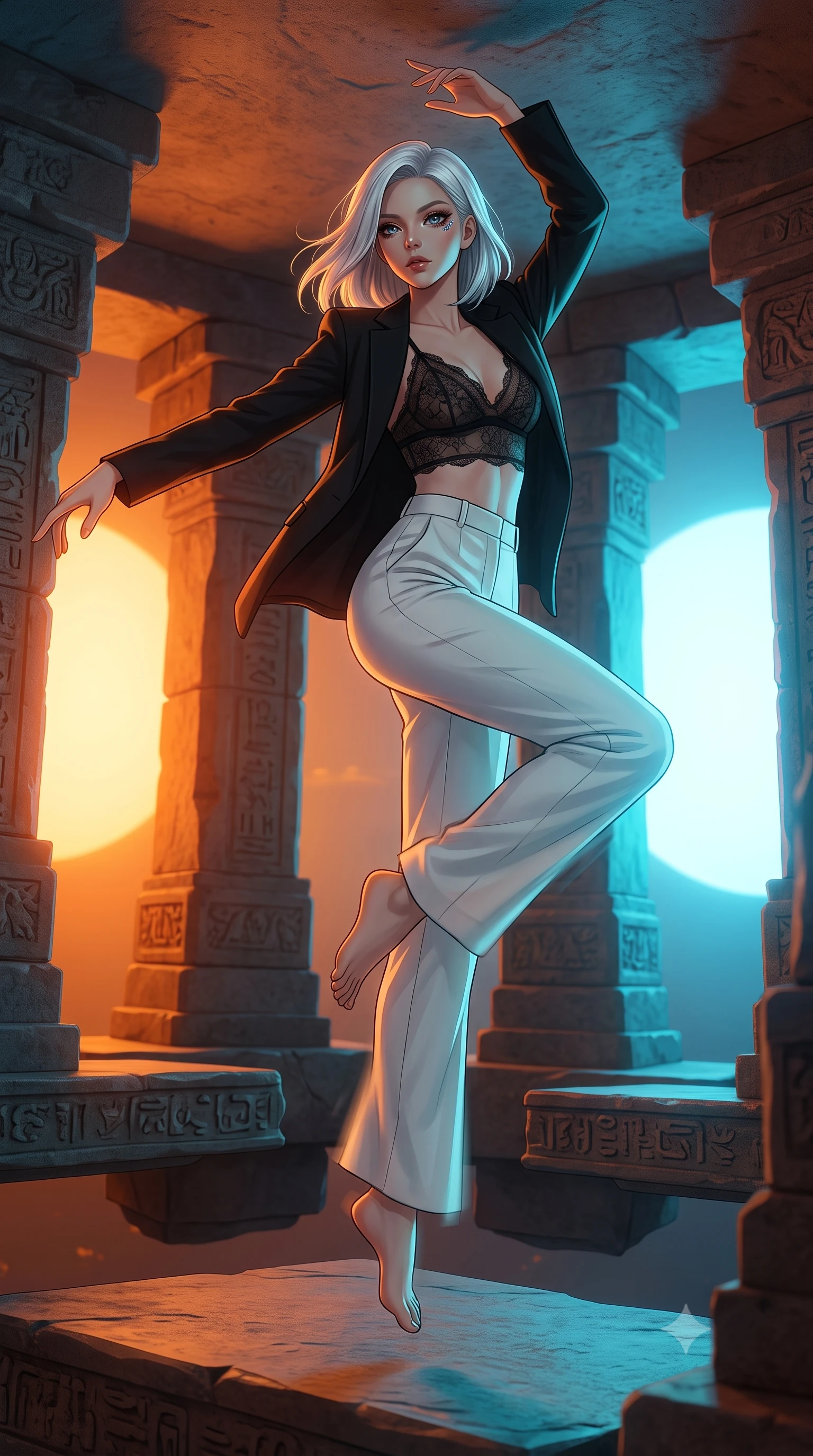 score_9, masterpiece, best quality, ultra-detailed, high-budget anime keyframe, editorial fashion photography, tasteful artistic composition, Korean woman. low angle full-body shot from head to toe showing her feet, filling the entire 9:16 vertical frame with her statuesque presence, stretching her vertical silhouette. pirouetting mid-air inside a floating stone shrine suspended in the gravitational balance point between two suns one burning deep orange and the other brilliant blue creating a perpetual dual-colored twilight on every surface. She has a statuesque 8.5-heads proportion, an exceptionally tall, slender and willowy model-like build with impossibly long legs and a highly sculpted ultra-slim waist. sharp v-shaped jawline, high-bridge nose, intricate jewel-like eyes with depth, thick eyelashes, glossy lips with a natural sheen. wearing a black blazer layered over a sheer lace crop top and high-waisted white wide-leg trousers. warm amber rim lighting combined with cool teal fill light creating dramatic contrast. 2k, ultra detail, master piece, 9:16 ratio
