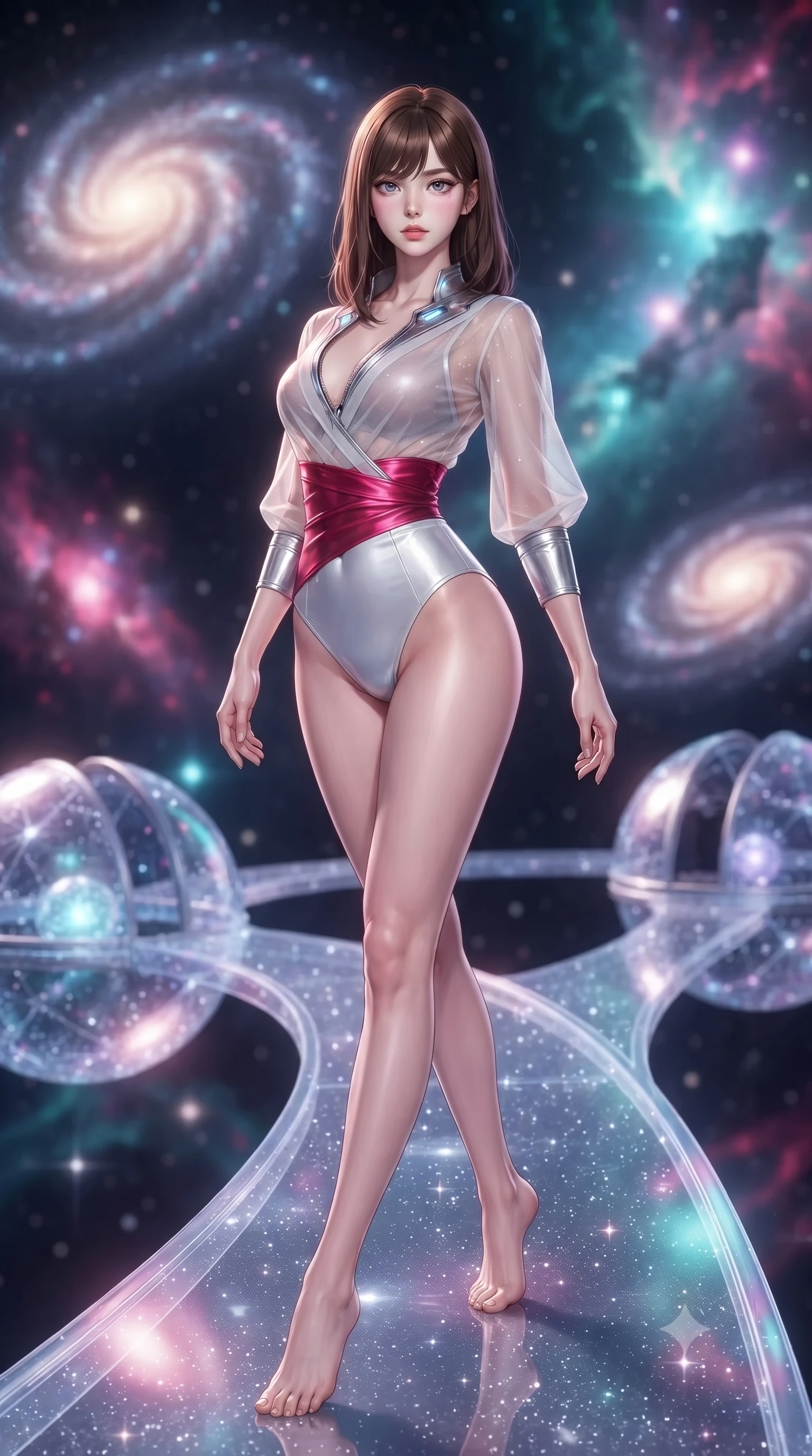 score_9, masterpiece, best quality, ultra-detailed, high-budget anime keyframe, editorial fashion photography, tasteful artistic composition, Korean woman. low angle full-body shot from head to toe showing her feet, filling the entire 9:16 vertical frame with her statuesque presence, stretching her vertical silhouette. arching her back in a fluid zero-gravity turn with sovereign grace, her long slender legs and sculpted torso creating a sweeping line while stepping gracefully along a translucent starlight runway connecting orbiting crystalline observatory spheres. The composition keeps background elements in soft focus with creamy bokeh. swirling spiral galaxies and glowing nebula gas clouds blurred into dreamy magenta, cyan, and violet bokeh. She has an absolutely perfect, statuesque 8.5-heads proportion, an exceptionally tall and slender model-like female figure with impossibly long slender legs, a toned flat midriff, and an ultra-slim waist. sharp v-shaped jawline, high-bridge nose, intricate jewel-like eyes with depth, thick eyelashes, glossy lips with a natural sheen, flawlessly proportioned anatomical accuracy, strict slender model proportions, natural body alignment, perfectly sculpted long slender limbs, ultra-slim waistline, clean dynamic posture without body distortion. wearing a shortened cyber-fusion wrap top with transparent chiffon panels, a deep crossover neckline, and a high-waisted metallic sash that accentuates her ultra-slim waist in radiant crimson silk and crisp snow white, made of liquid metal jersey that clings flawlessly to every contour of her build, featuring a dangerously unzipped neckline framed by glowing cybernetic accents, the sleek second-skin cut tightly hugging her graceful clavicle, narrow waist, and feminine curves with athletic precision. bathed in radiant starlight brilliance and multi-colored nebula ambient illumination. ultra-reflective glossy finish, specular highlights, metallic sheen, high-contrast stereoscopic depth, volumetric dynamic lighting, 2k, ultra detail, master piece, 9:16 ratio