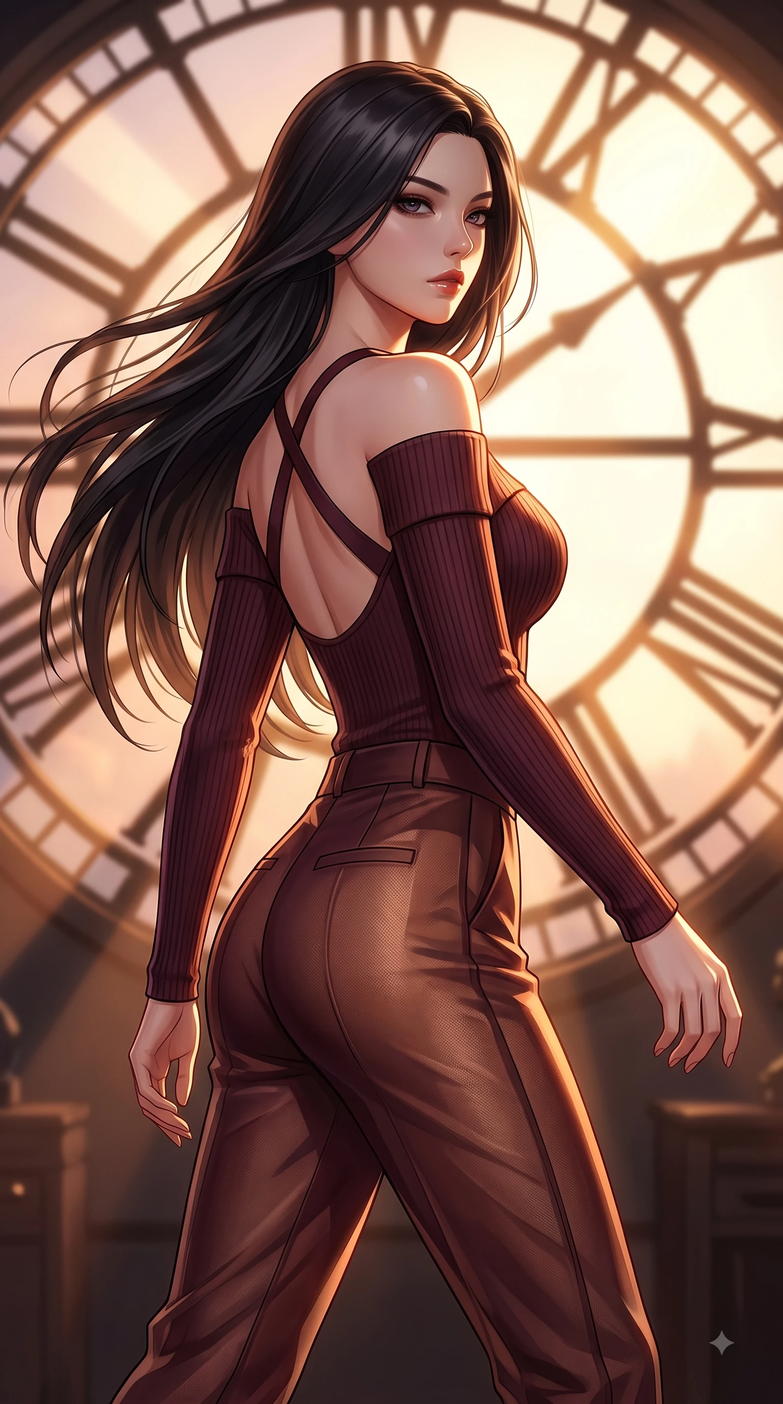score_9, masterpiece, best quality, ultra-detailed, high-budget anime keyframe, editorial fashion photography, tasteful artistic composition, Korean woman. close-up cowboy shot from the waist and thighs up, the character dominates the composition, filling the frame with her large presence, background elements kept in soft focus. Gazing past the lens with smoldering intensity as her torso curves dynamically in mid-stride while pivoting in a dynamic profile pose as twilight amber light streams through the massive window, dramatic twilight amber light streaming through the giant clock window in bold beams. She has an exceptionally elegant, slender, and willowy female figure with an ultra-slim waist, a gracefully sculpted slender torso, and a refined silhouette. sharp v-shaped jawline, high-bridge nose, intricate jewel-like eyes with depth, thick eyelashes, glossy lips with a natural sheen, flawlessly proportioned anatomical accuracy, natural body alignment, perfectly sculpted elegant limbs, clean dynamic posture without body distortion. wearing a sleek off-shoulder ribbed knit top paired with high-waist tailored pants in deep burgundy and bronze, woven from fine semi-opaque sheer organza, complemented by criss-cross back straps highlighting her bare shoulders, the sleek second-skin texture accentuating her magnetic presence. surrounded by warm hearth light and dramatic bronze rim highlights. highly saturated vibrant anime colors, detailed shading with soft gradients, rich glossy textures, high-contrast stereoscopic depth, volumetric dynamic lighting, master piece, 9:16 ratio