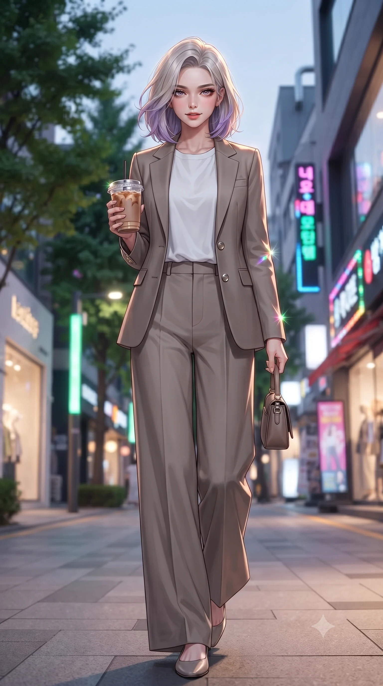 score_9, masterpiece, best quality, ultra-detailed, high-budget anime keyframe, editorial fashion photography, tasteful artistic composition, Caucasian woman. low angle full-body shot from head to toe showing her feet, filling the entire 9:16 vertical frame with her statuesque presence, stretching her vertical silhouette. stepping forward with an alluring, magnetic smile, her graceful posture highlighting her statuesque silhouette set against a soft-focus background of on a trendy shopping street lined with modern boutique shops and green trees holding a trendy paper cup of iced coffee and a small leather purse. She has an absolutely perfect, statuesque 8.5-heads proportion, an exceptionally tall and slender model-like female figure with impossibly long slender legs and an ultra-slim waist. sharp v-shaped jawline, high-bridge nose, intricate jewel-like eyes with depth, thick eyelashes, glossy lips with a natural sheen. wearing body-hugging tailored casual blazer in taupe, paired with a loose tee and wide-leg trousers. vibrant streetlights and store signs casting dynamic highlights on her form. ultra-reflective glossy finish, specular highlights, metallic sheen, high-contrast stereoscopic depth, volumetric dynamic lighting, 2k, ultra detail, master piece, 9:16 ratio